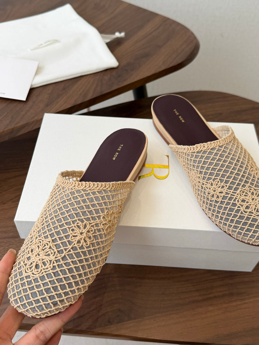 THE ROW 26S MULE FLATS IN BEIGE CROCHET MESH
