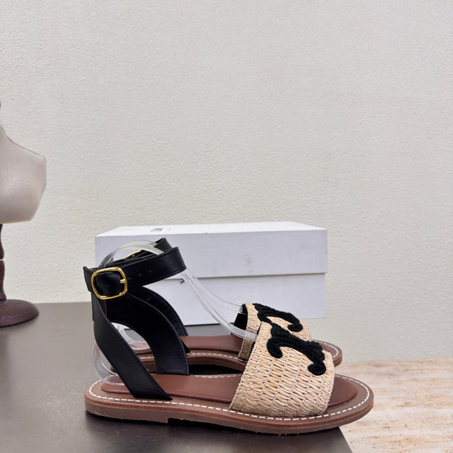CELINE 25S TRIOMPHE SANDALS BEIGE RAFFIA BLACK WOOL