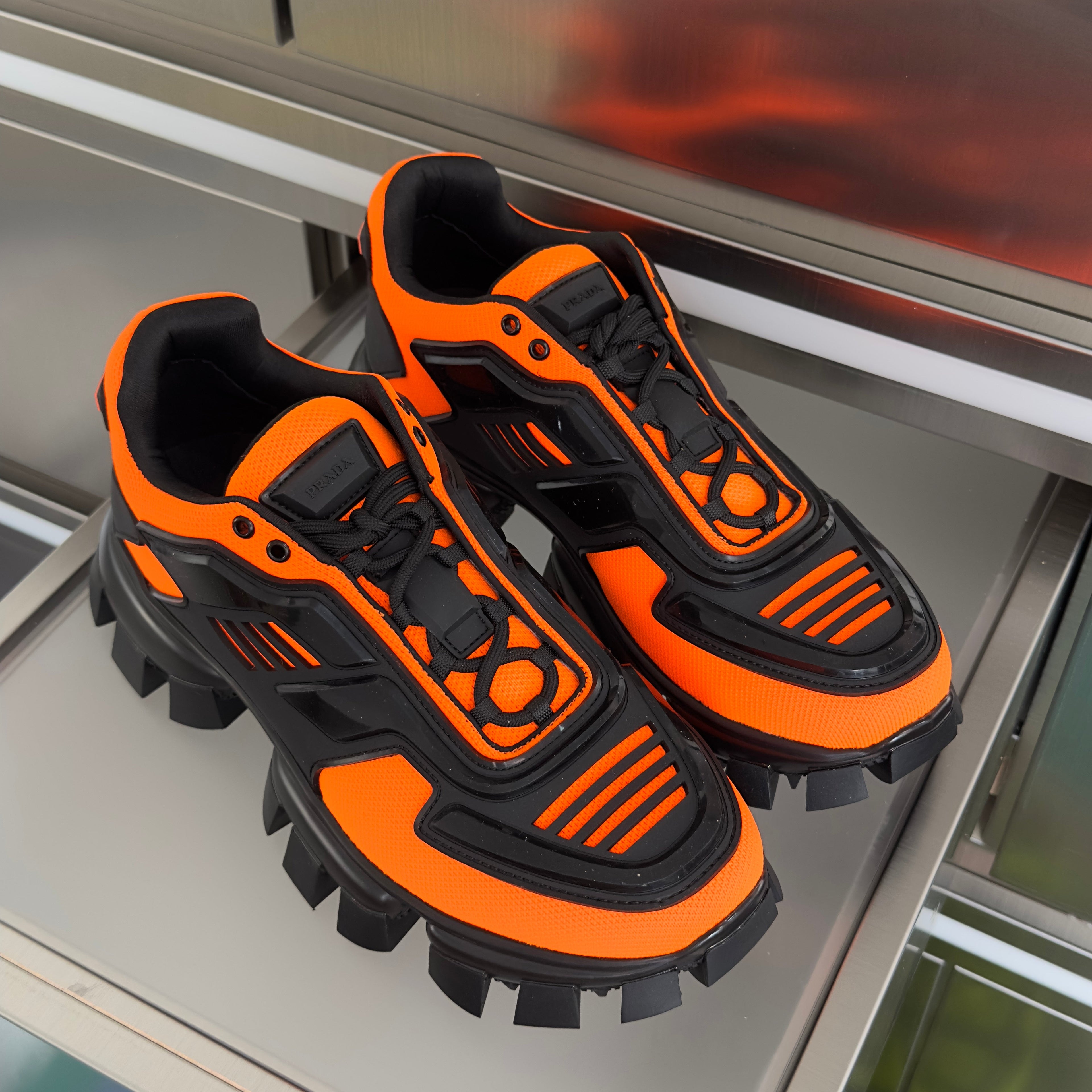 PRADA 26S CLOUDBUST THUNDER SNEAKERS 60MM IN ORANGE RED MESH FABRIC AND TPU
