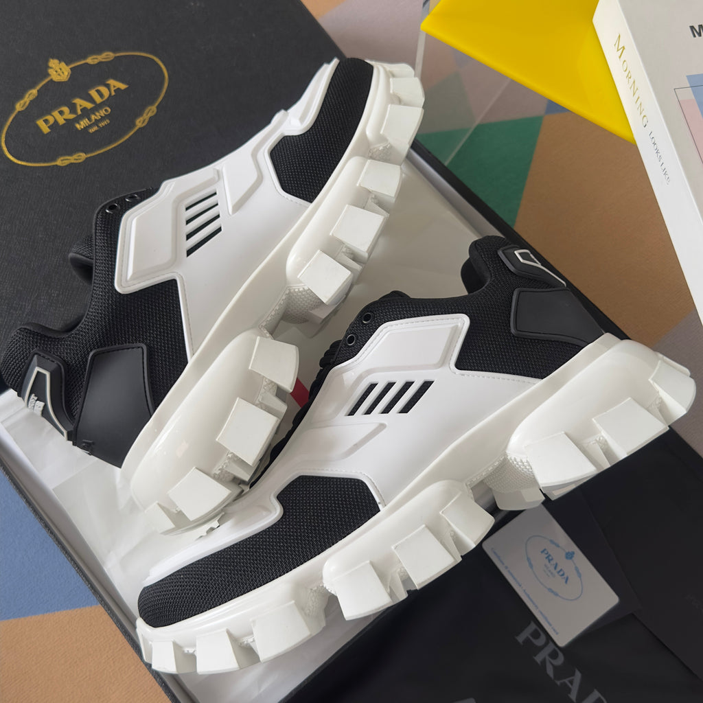 PRADA 26S CLOUDBUST THUNDER SNEAKERS 60MM IN WHITE AND BLACK MESH FABRIC AND TPU