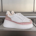 CHLOÉ 26S WEDGE SNEAKERS 70 MM IN WHITE CALFSKIN AND LIGHT PINK SUEDE