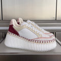 CHLOÉ 26S WEDGE SNEAKERS 70 MM IN WHITE CALFSKIN AND DARK RED SUEDE