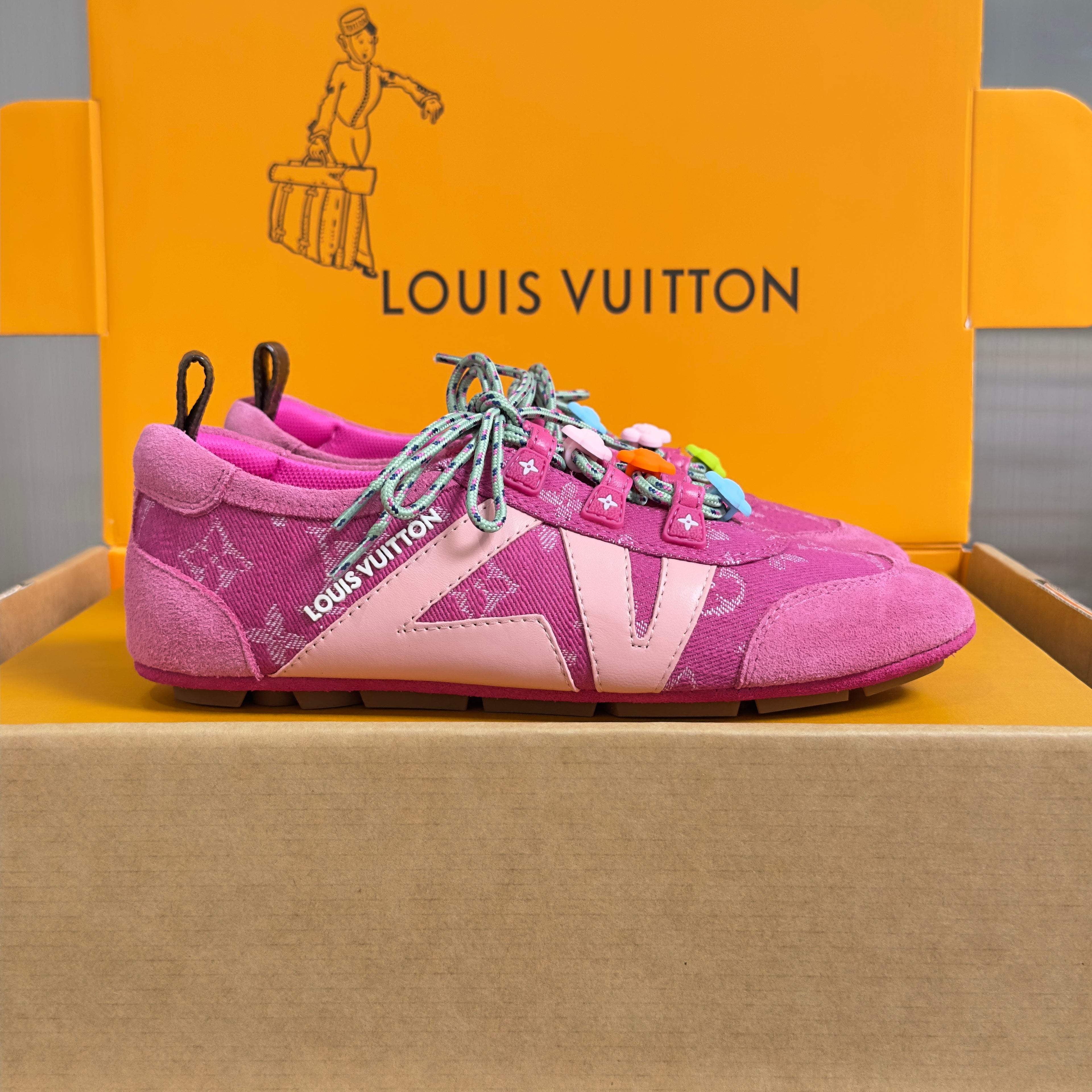 LV 26S SNEAKERINA SNEAKERS IN HOT PINK MONOGRAM CANVAS AND SUEDE