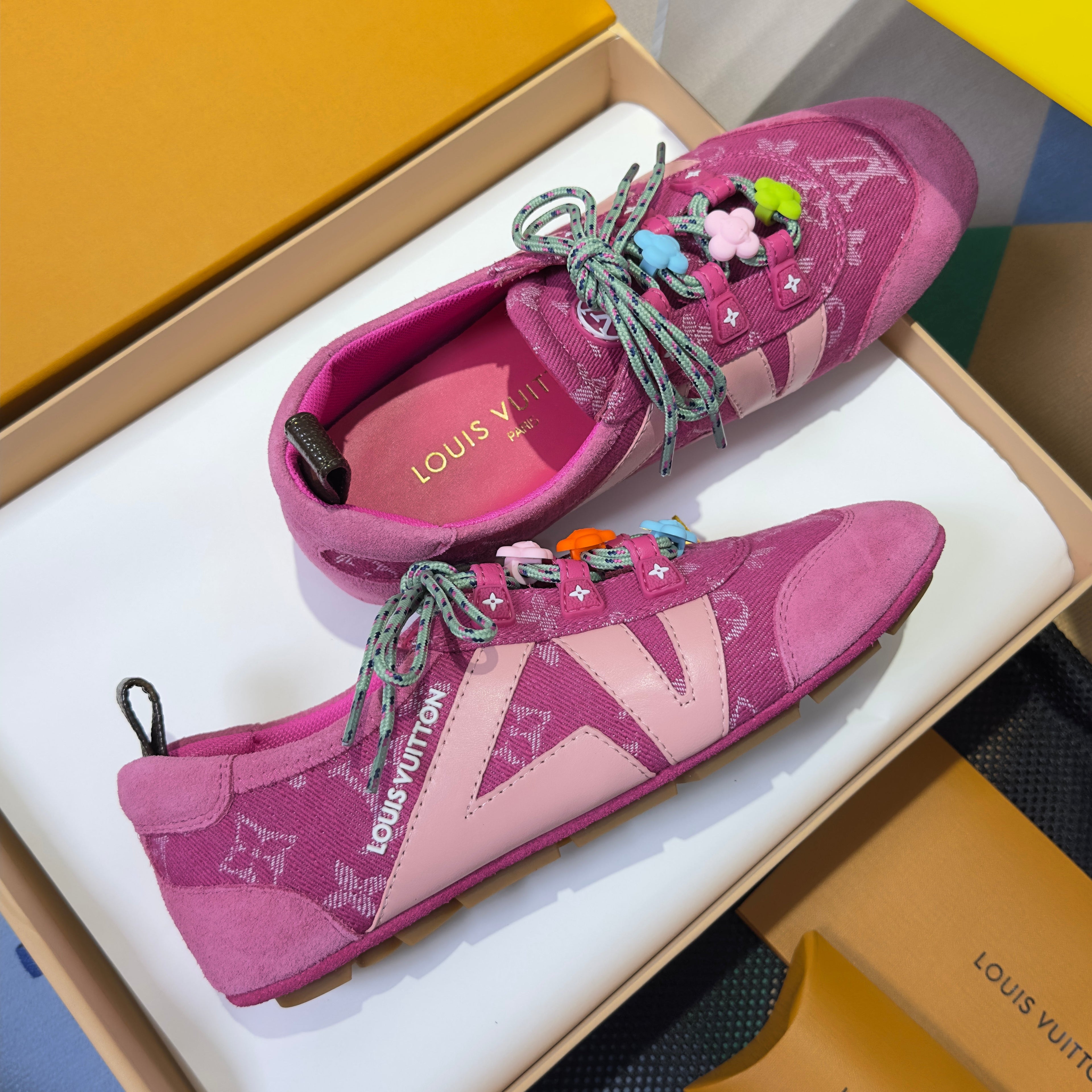 LV 26S SNEAKERINA SNEAKERS IN HOT PINK MONOGRAM CANVAS AND SUEDE