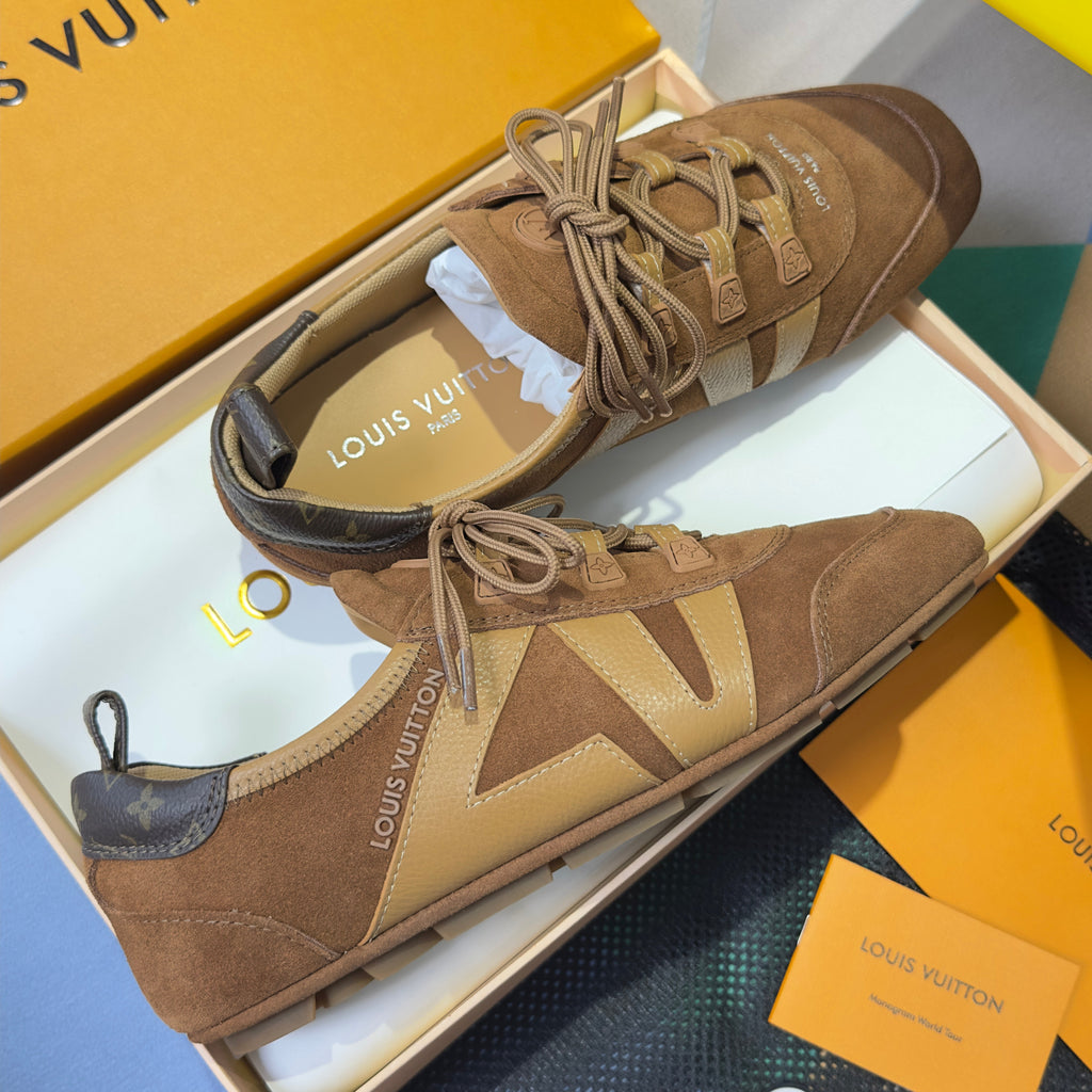 LV 26S SNEAKERINA SNEAKERS IN CARAMEL BROWN SUEDE AND CALFSKIN