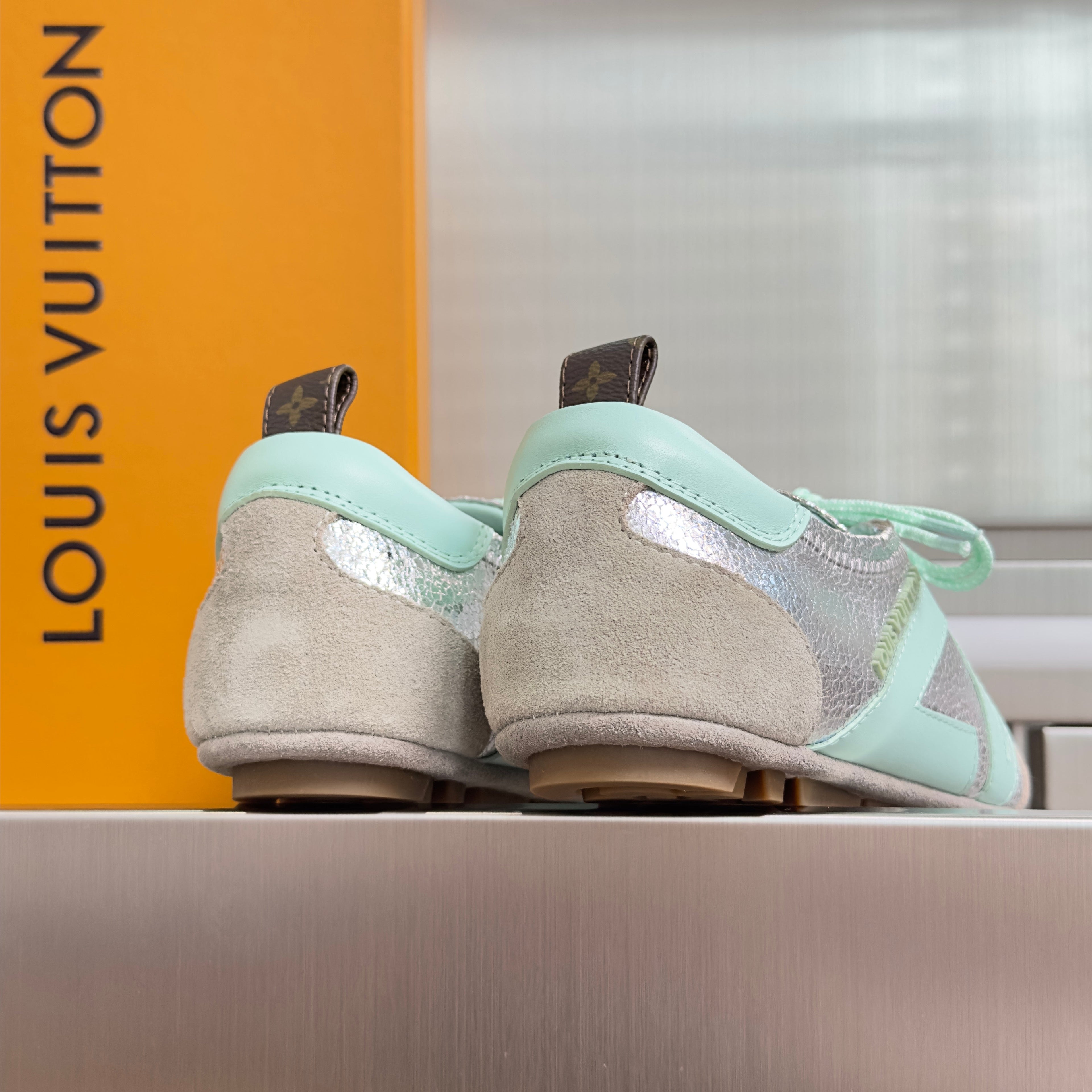 LV 26S SNEAKERINA SNEAKERS IN SILVER MINT GREEN CALFSKIN AND SUEDE
