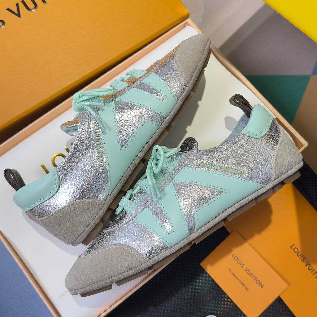 LV 26S SNEAKERINA SNEAKERS IN SILVER MINT GREEN CALFSKIN AND SUEDE