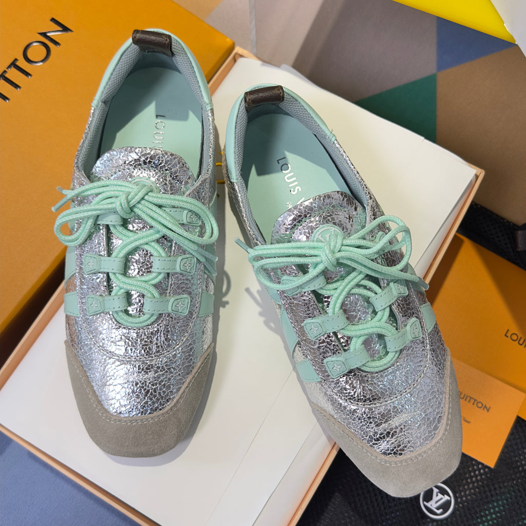 LV 26S SNEAKERINA SNEAKERS IN SILVER MINT GREEN CALFSKIN AND SUEDE