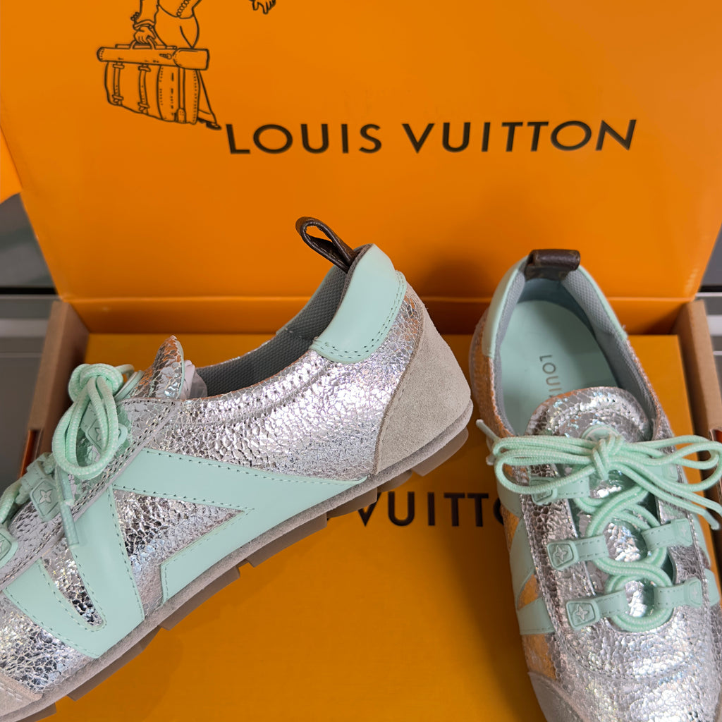 LV 26S SNEAKERINA SNEAKERS IN SILVER MINT GREEN CALFSKIN AND SUEDE