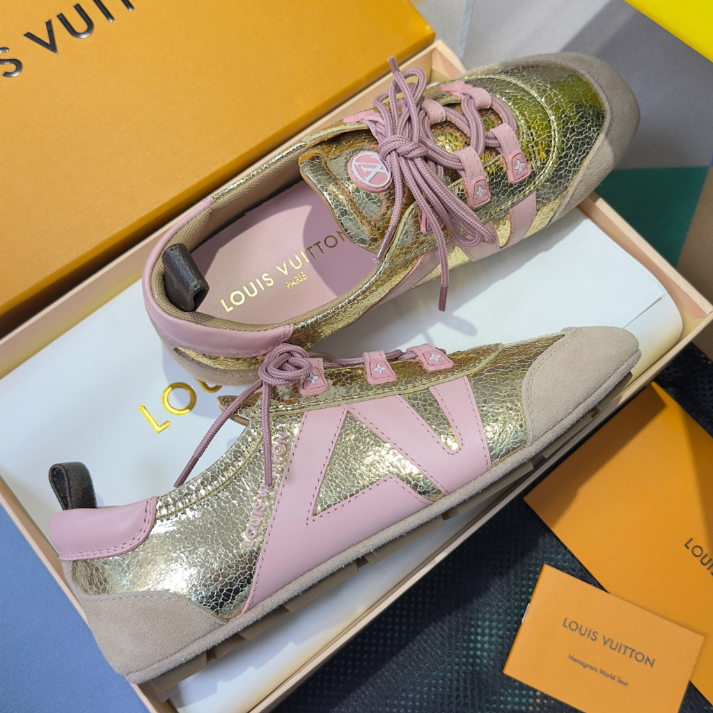 LV 26S SNEAKERINA SNEAKERS IN GOLD PINK CALFSKIN AND SUEDE