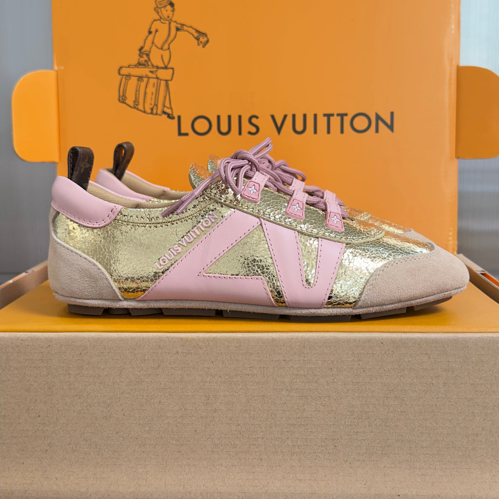 LV 26S SNEAKERINA SNEAKERS IN GOLD PINK CALFSKIN AND SUEDE