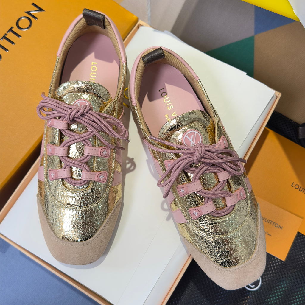 LV 26S SNEAKERINA SNEAKERS IN GOLD PINK CALFSKIN AND SUEDE