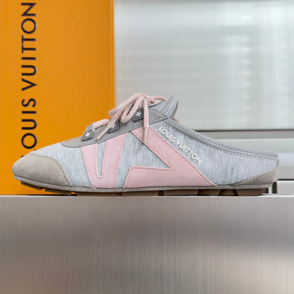LV 26S SNEAKERINA OPEN BACK SNEAKERS IN GREY PINK FABRIC AND SUEDE
