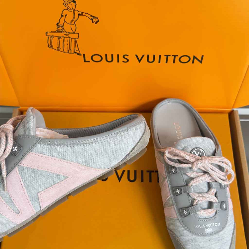 LV 26S SNEAKERINA OPEN BACK SNEAKERS IN GREY PINK FABRIC AND SUEDE
