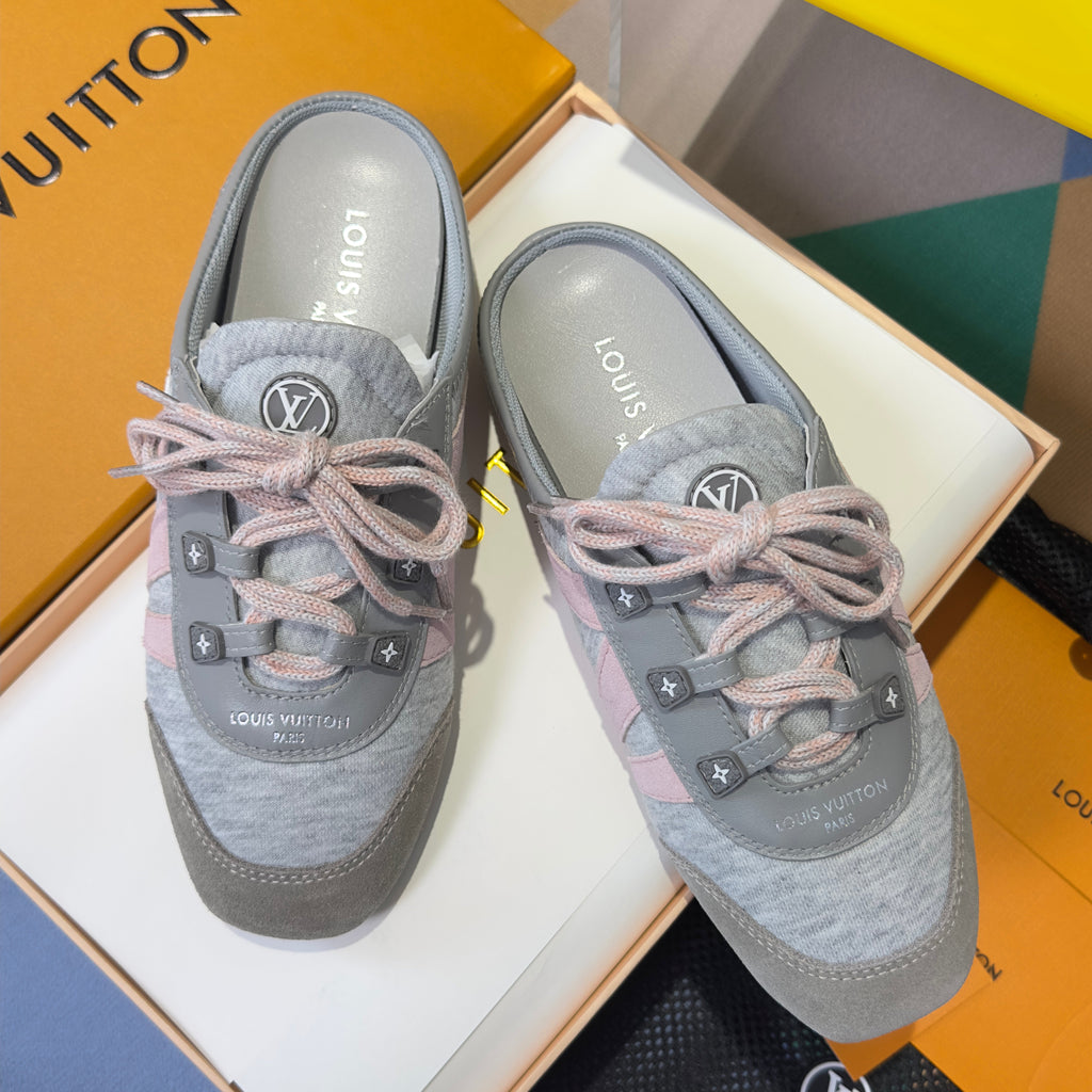 LV 26S SNEAKERINA OPEN BACK SNEAKERS IN GREY PINK FABRIC AND SUEDE