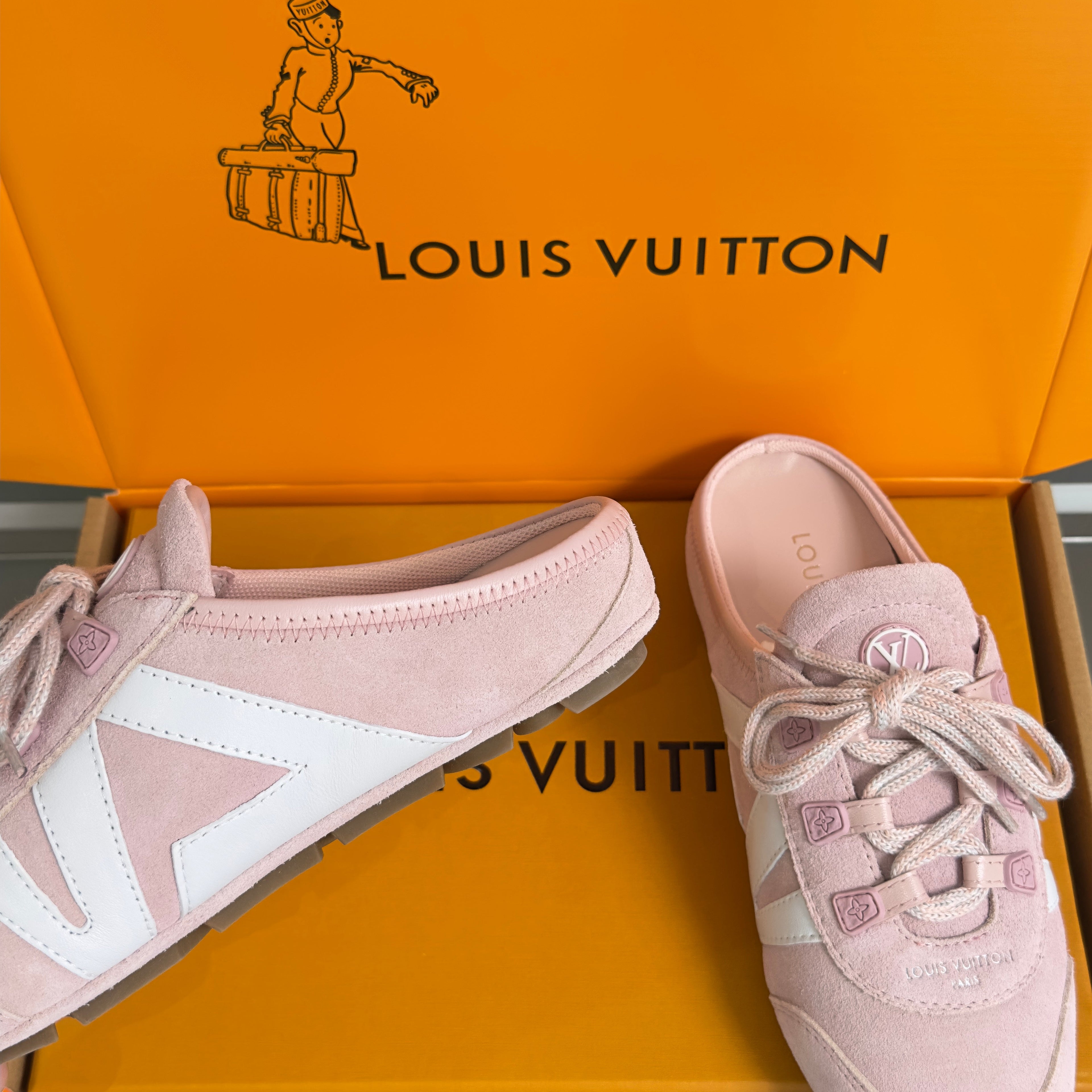 LV 26S LACE UP MULE SNEAKERS IN LIGHT PINK SUEDE AND CALFSKIN