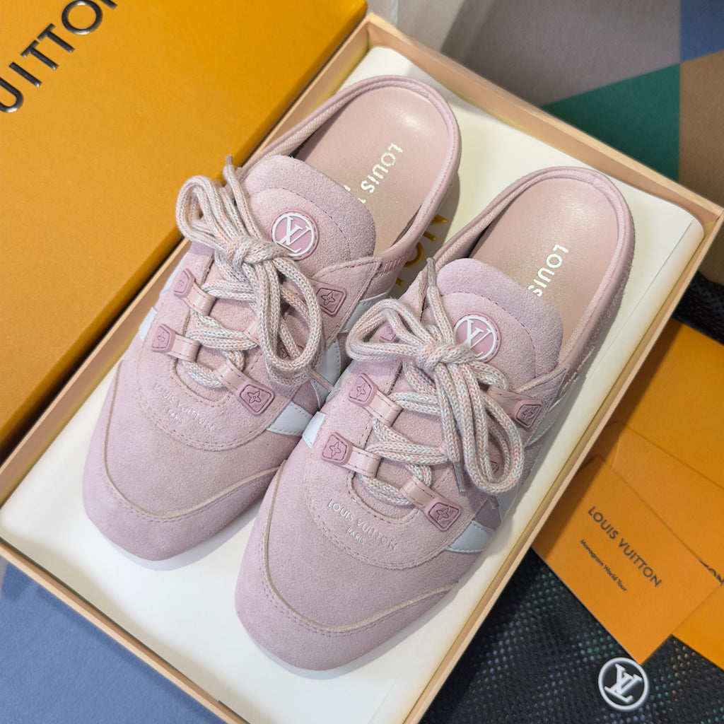 LV 26S LACE UP MULE SNEAKERS IN LIGHT PINK SUEDE AND CALFSKIN