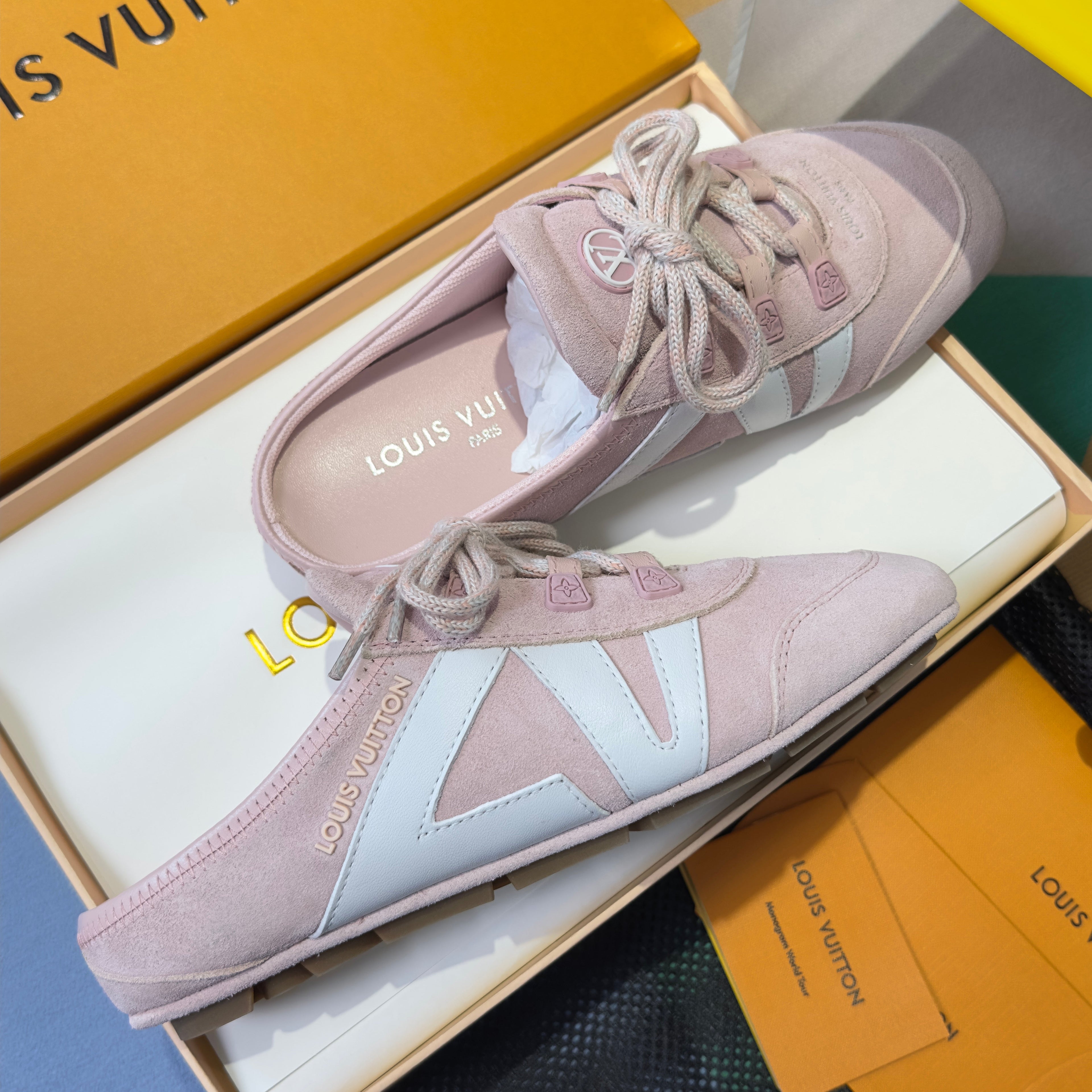 LV 26S LACE UP MULE SNEAKERS IN LIGHT PINK SUEDE AND CALFSKIN
