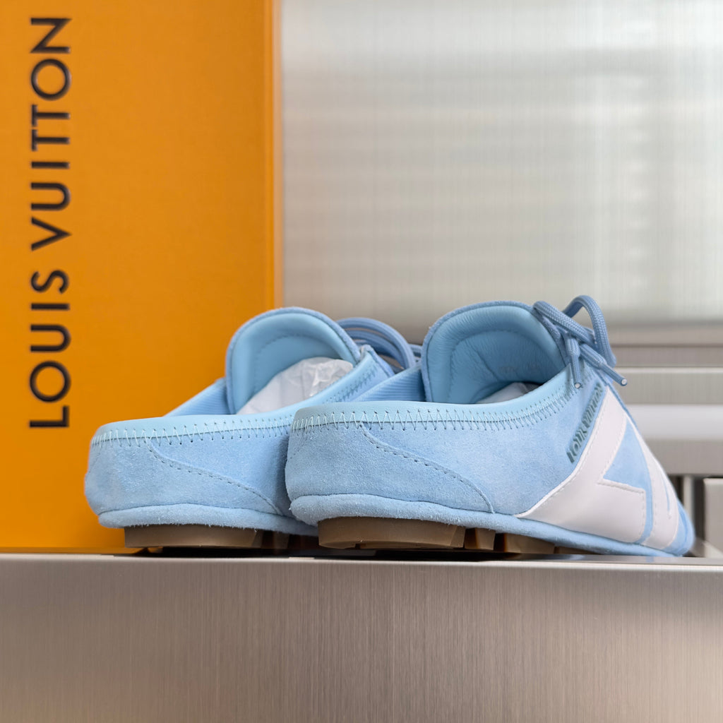 LV 26S LACE UP MULE SNEAKERS IN LIGHT BLUE SUEDE AND CALFSKIN