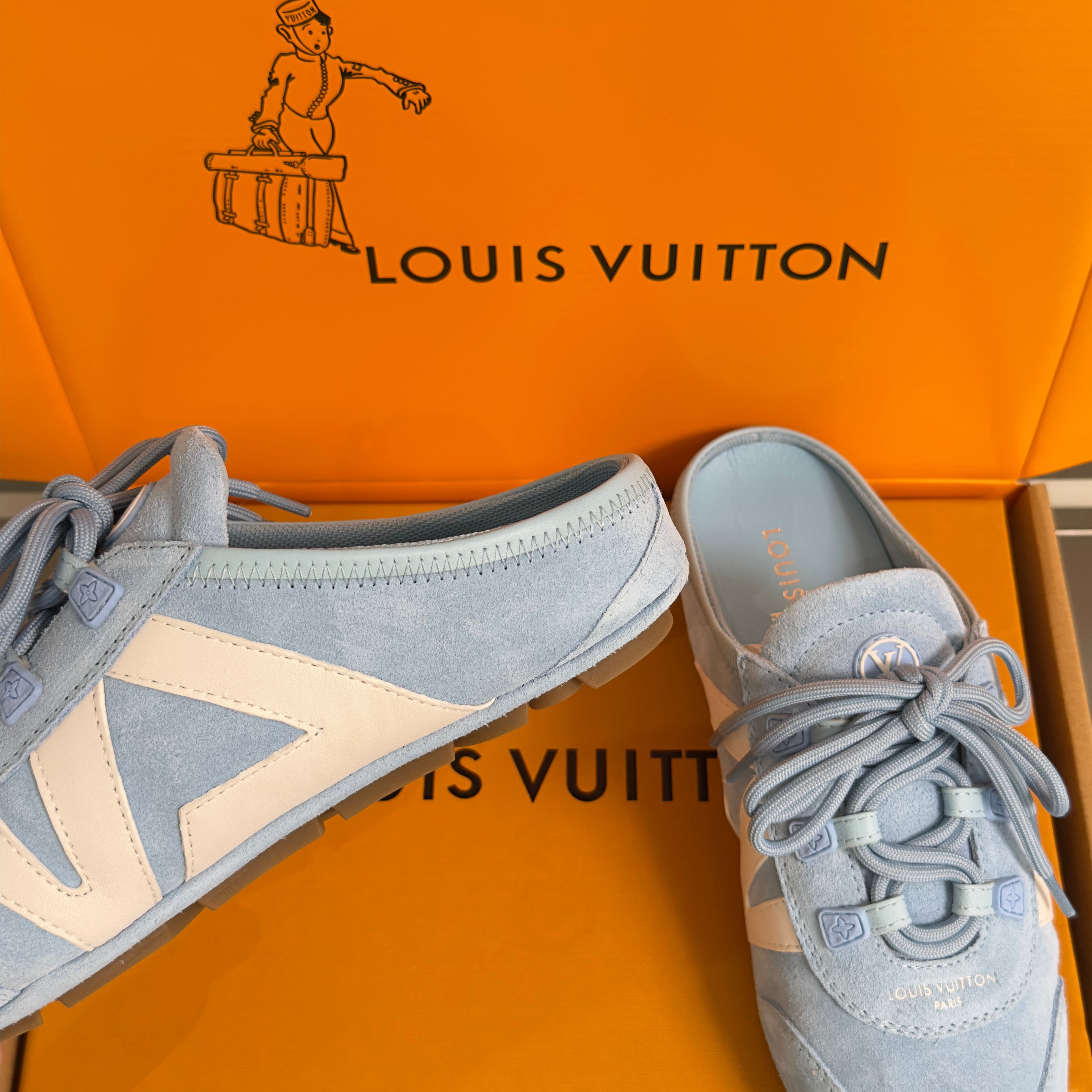 LV 26S LACE UP MULE SNEAKERS IN LIGHT BLUE SUEDE AND CALFSKIN