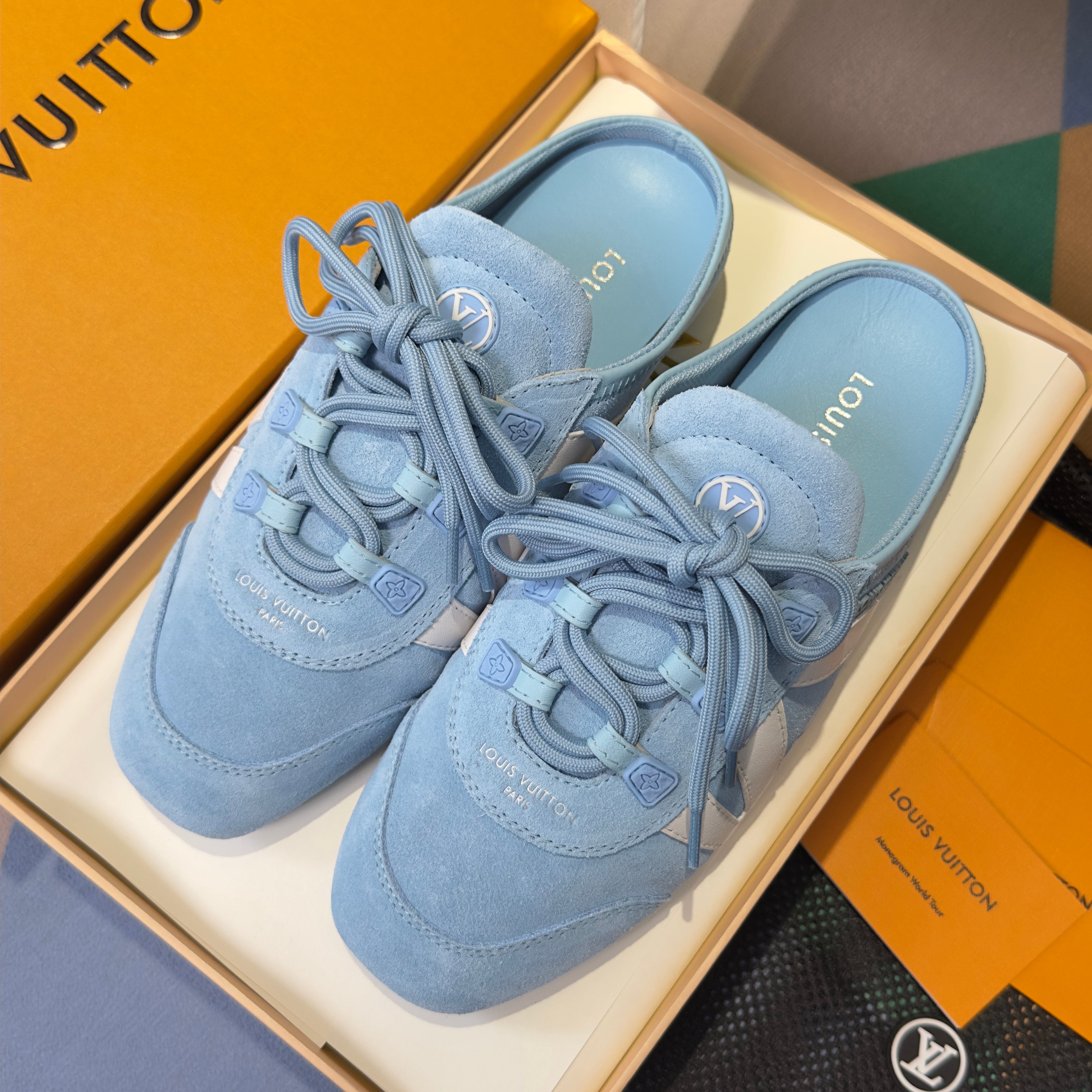 LV 26S LACE UP MULE SNEAKERS IN LIGHT BLUE SUEDE AND CALFSKIN