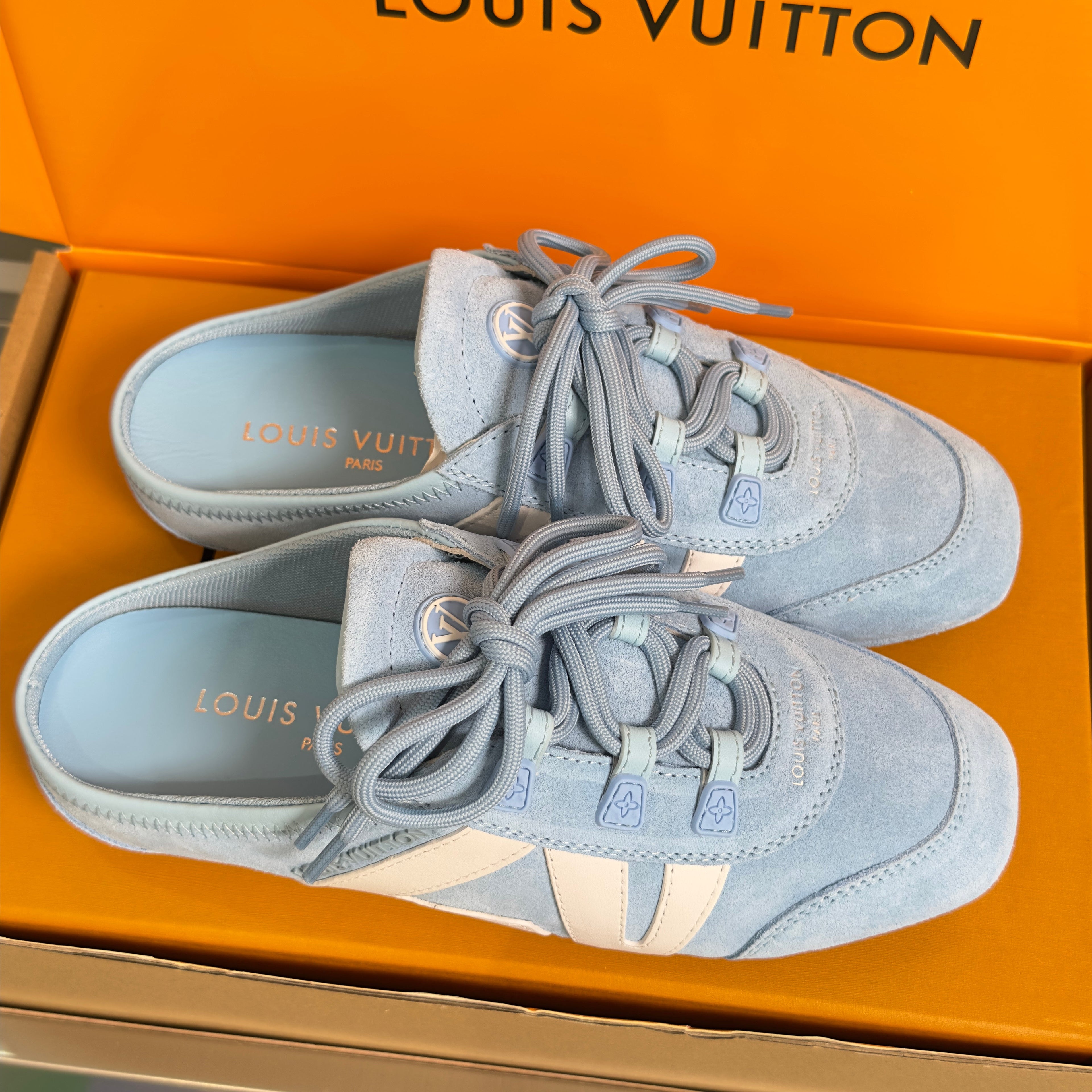 LV 26S LACE UP MULE SNEAKERS IN LIGHT BLUE SUEDE AND CALFSKIN