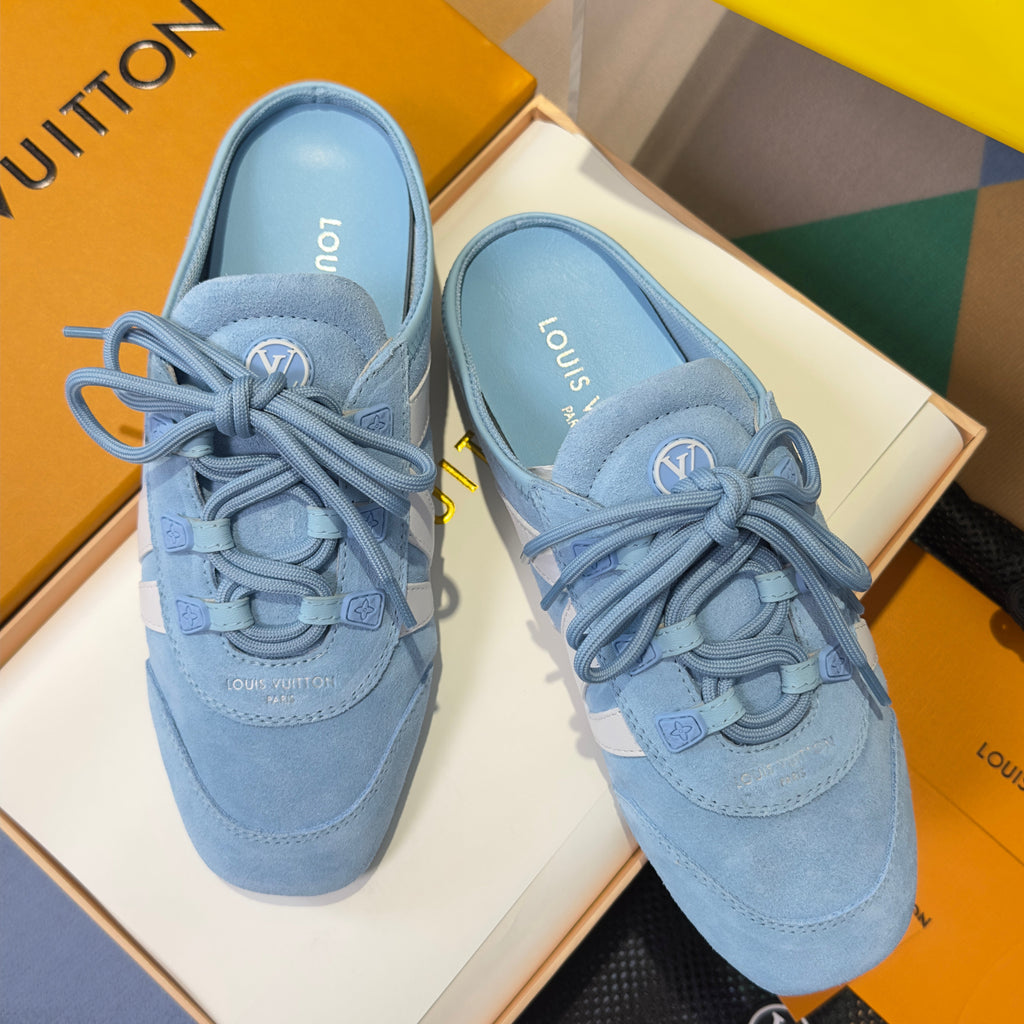 LV 26S LACE UP MULE SNEAKERS IN LIGHT BLUE SUEDE AND CALFSKIN