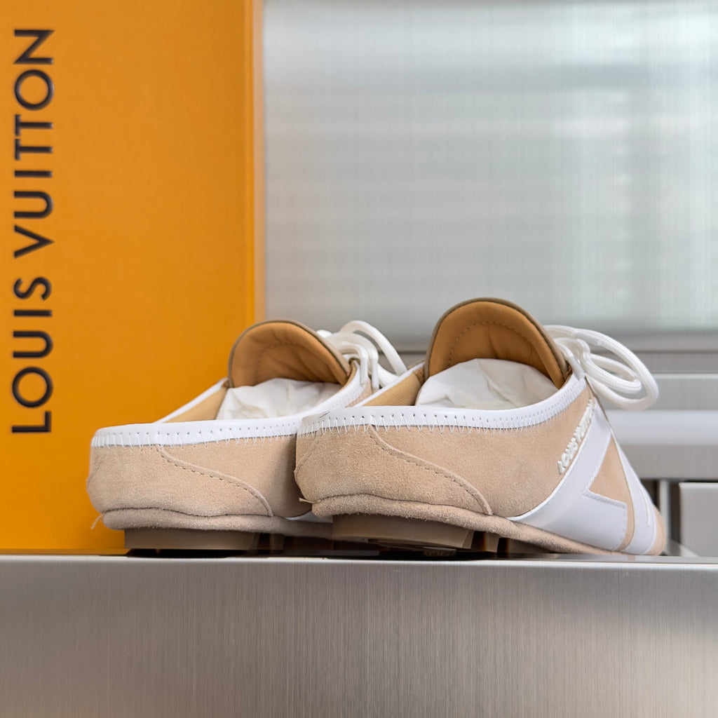 LV 26S LACE UP MULE SNEAKERS IN LIGHT BROWN SUEDE AND CALFSKIN