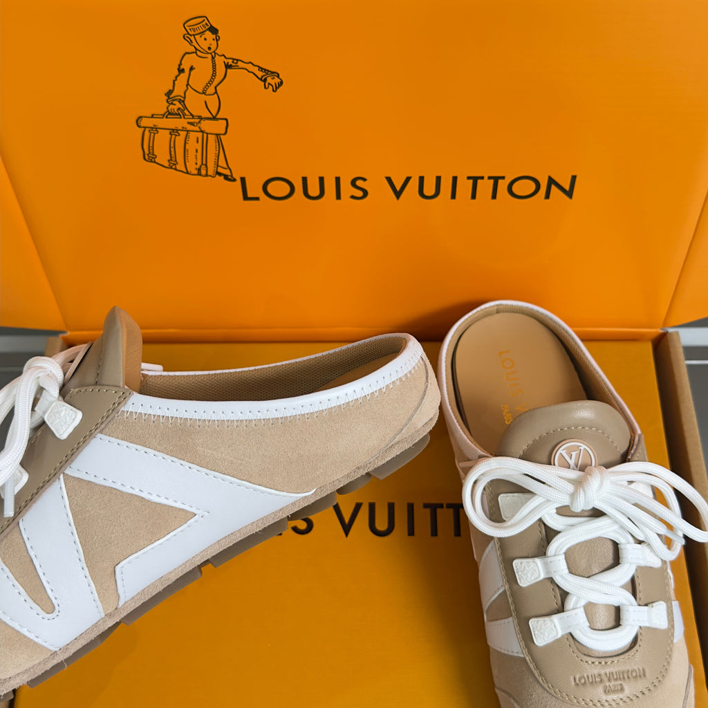LV 26S LACE UP MULE SNEAKERS IN LIGHT BROWN SUEDE AND CALFSKIN