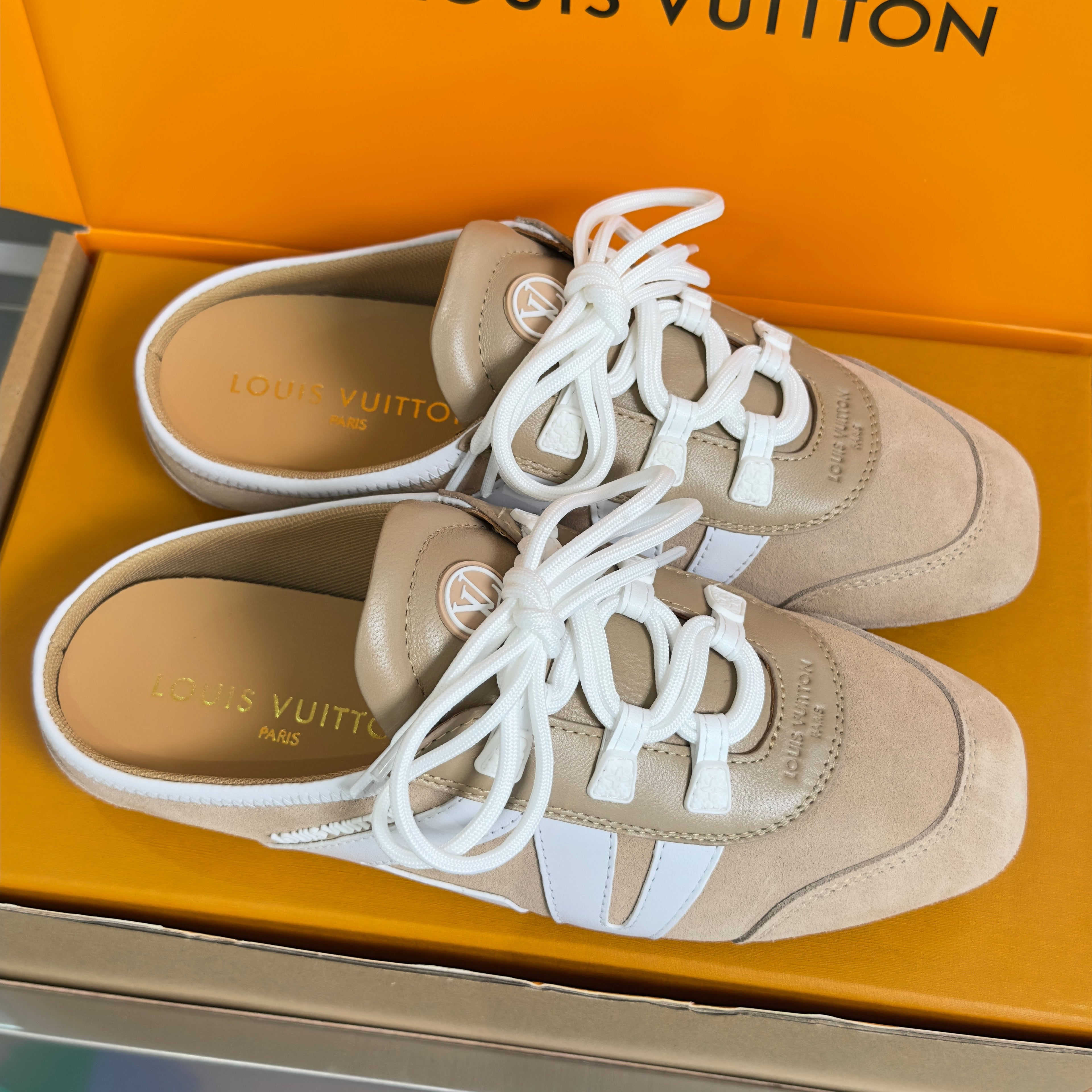 LV 26S LACE UP MULE SNEAKERS IN LIGHT BROWN SUEDE AND CALFSKIN