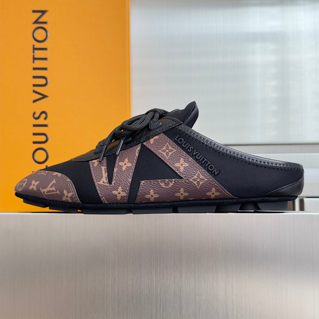 LV 26S LACE UP MULE SNEAKERS IN BLACK FABRIC AND BROWN MONOGRAM CANVAS