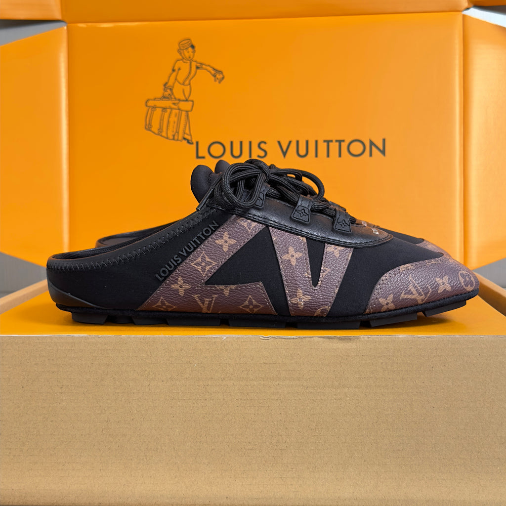 LV 26S LACE UP MULE SNEAKERS IN BLACK FABRIC AND BROWN MONOGRAM CANVAS