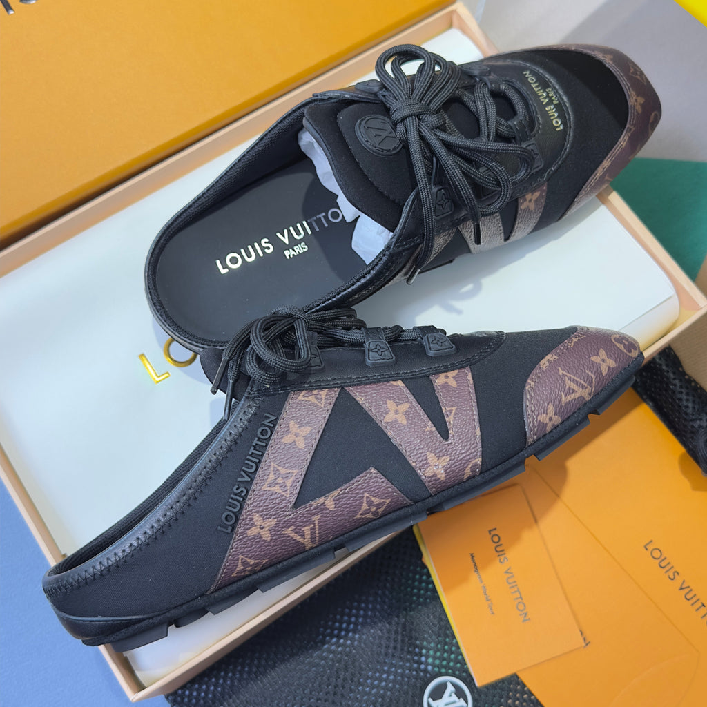 LV 26S LACE UP MULE SNEAKERS IN BLACK FABRIC AND BROWN MONOGRAM CANVAS