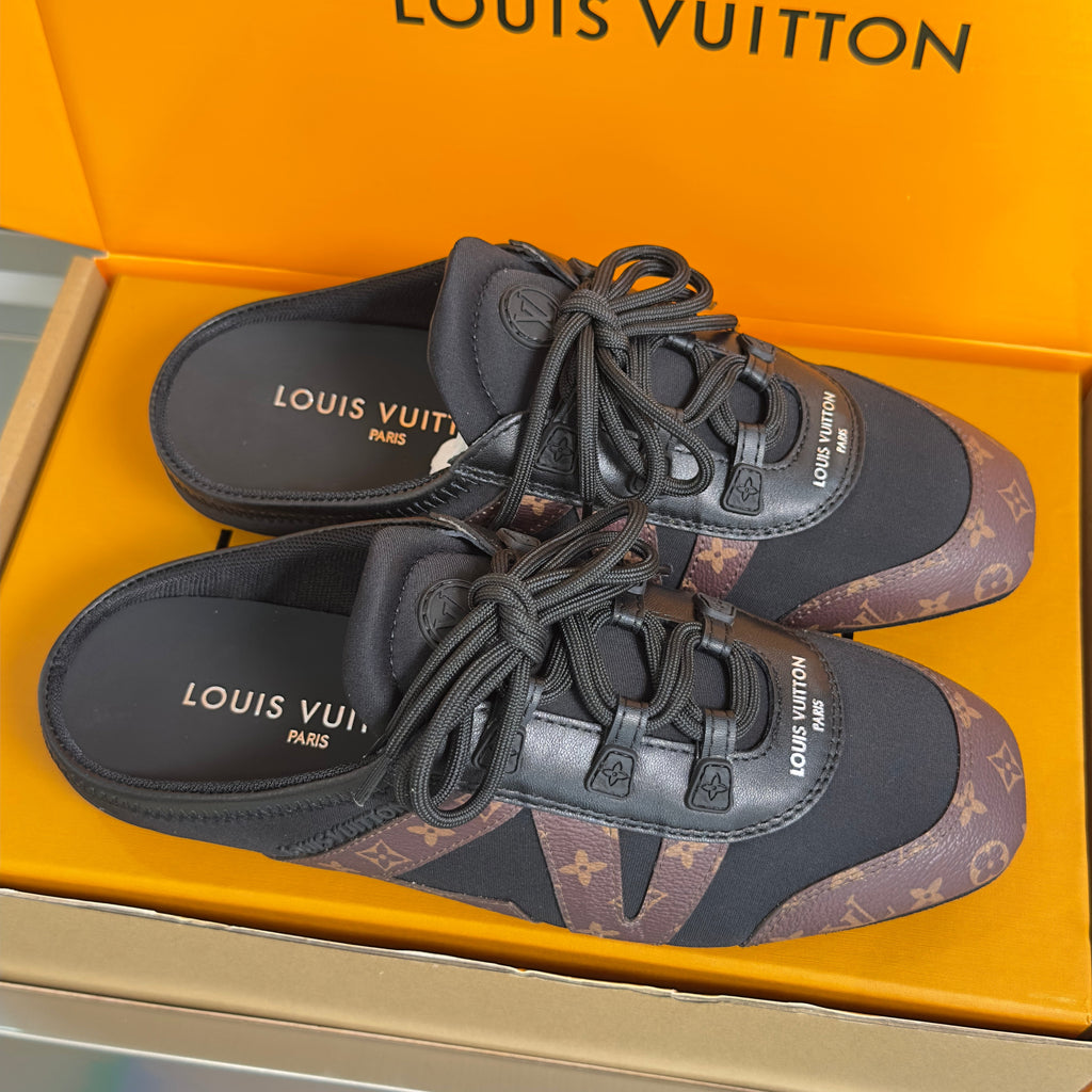 LV 26S LACE UP MULE SNEAKERS IN BLACK FABRIC AND BROWN MONOGRAM CANVAS