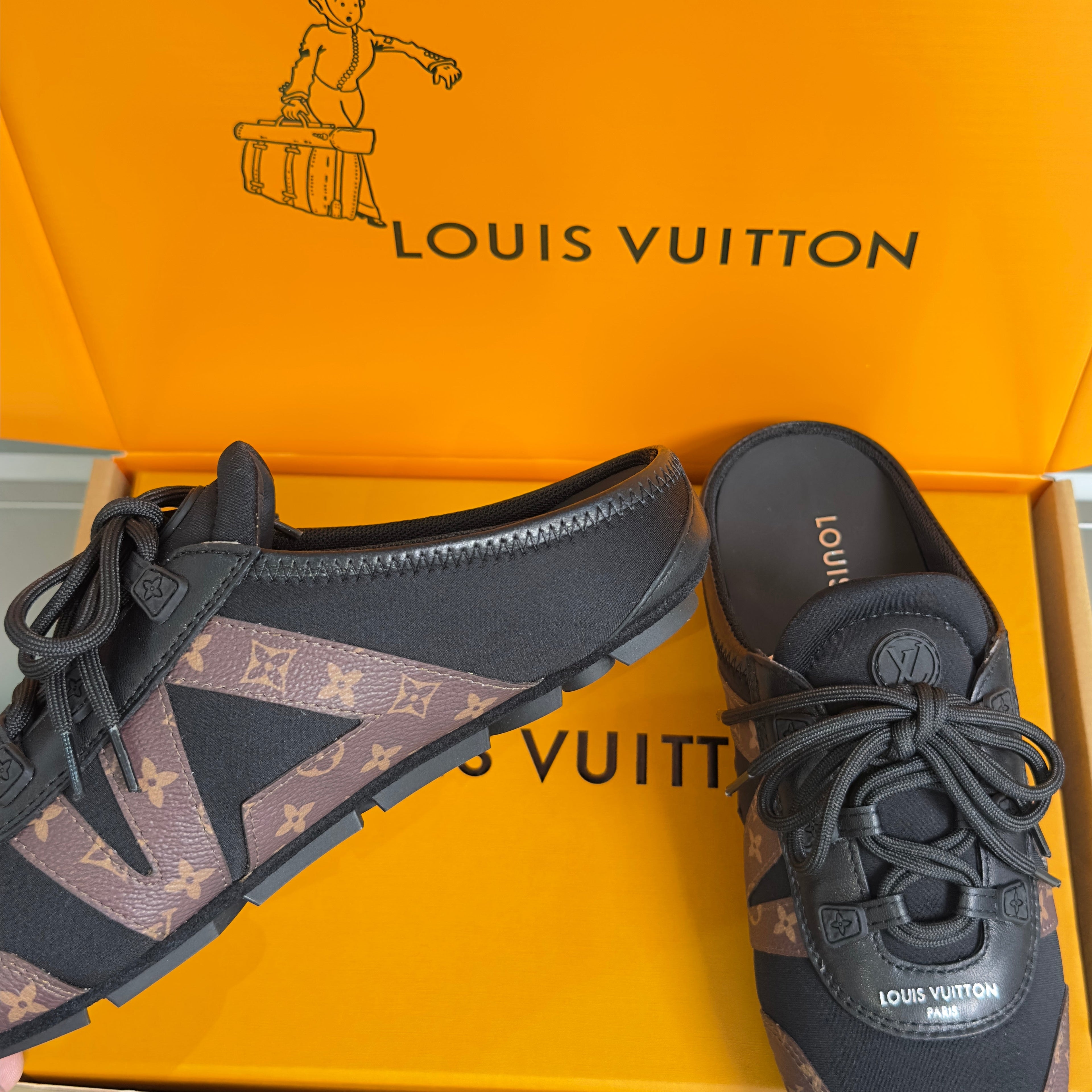 LV 26S LACE UP MULE SNEAKERS IN BLACK FABRIC AND BROWN MONOGRAM CANVAS