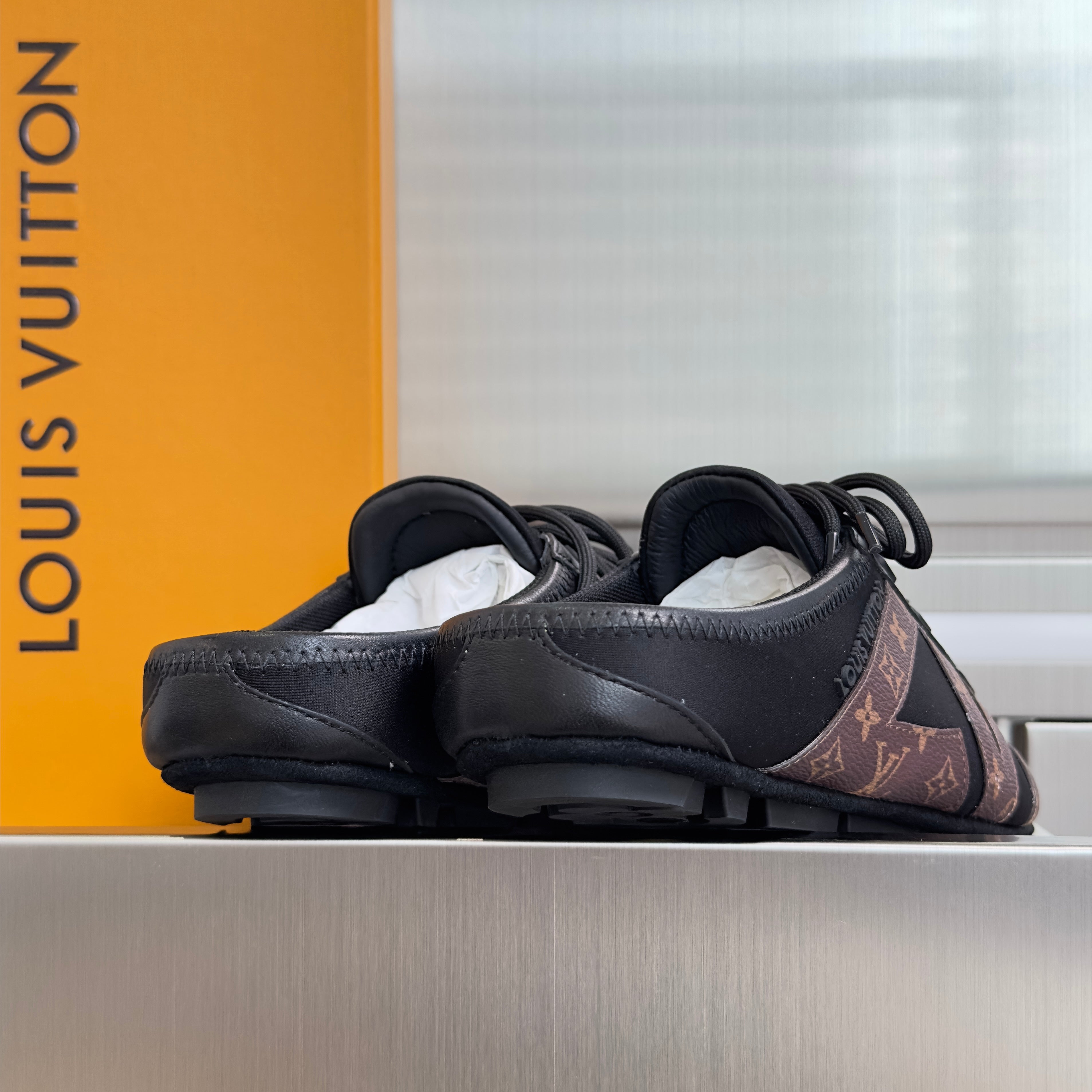LV 26S LACE UP MULE SNEAKERS IN BLACK FABRIC AND BROWN MONOGRAM CANVAS