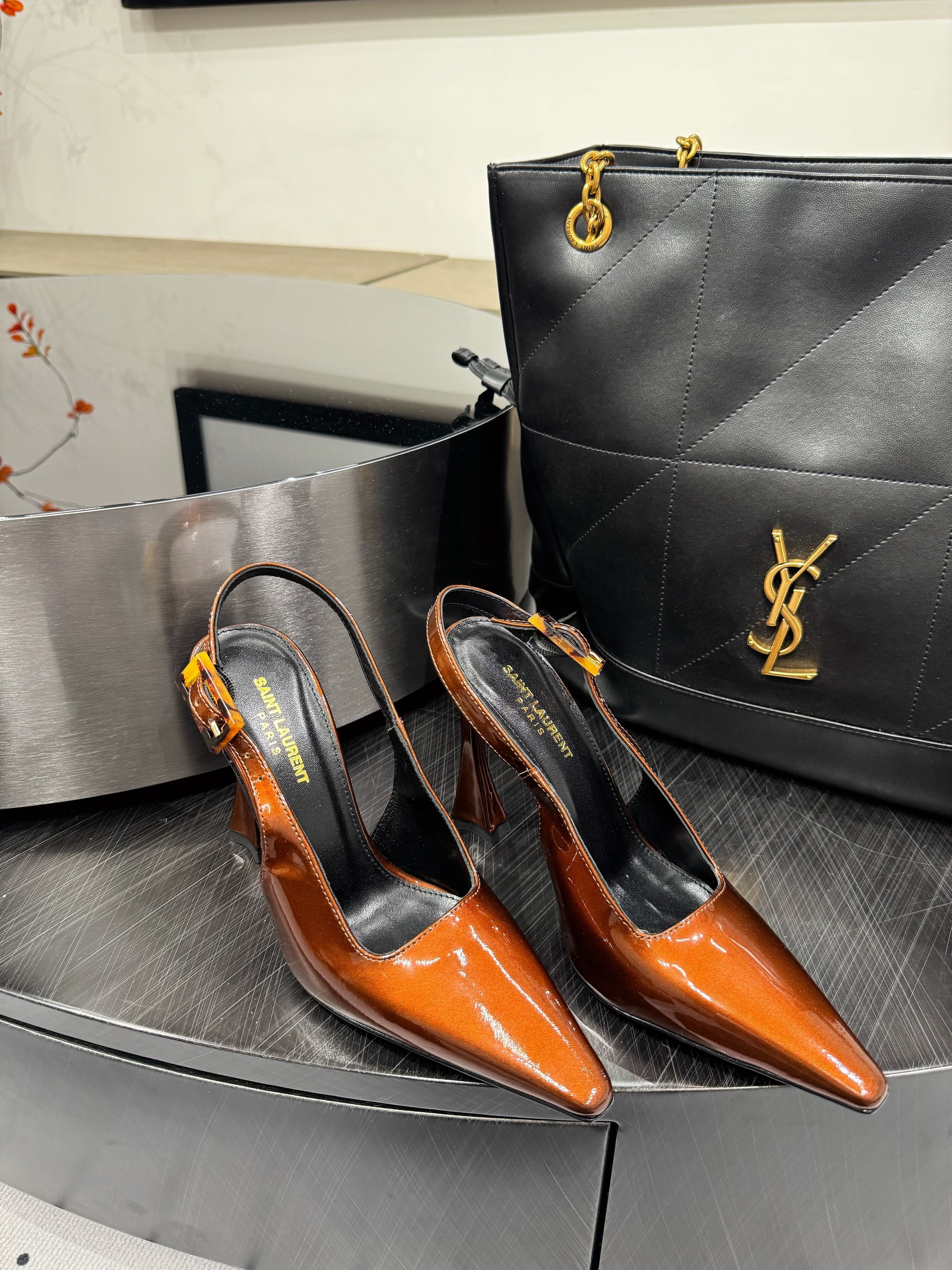 YSL 26S SLINGBACK HEELS 105 MM IN DARK ORANGE GLOSSY CALFSKIN WITH BUCKLE CLOSURE