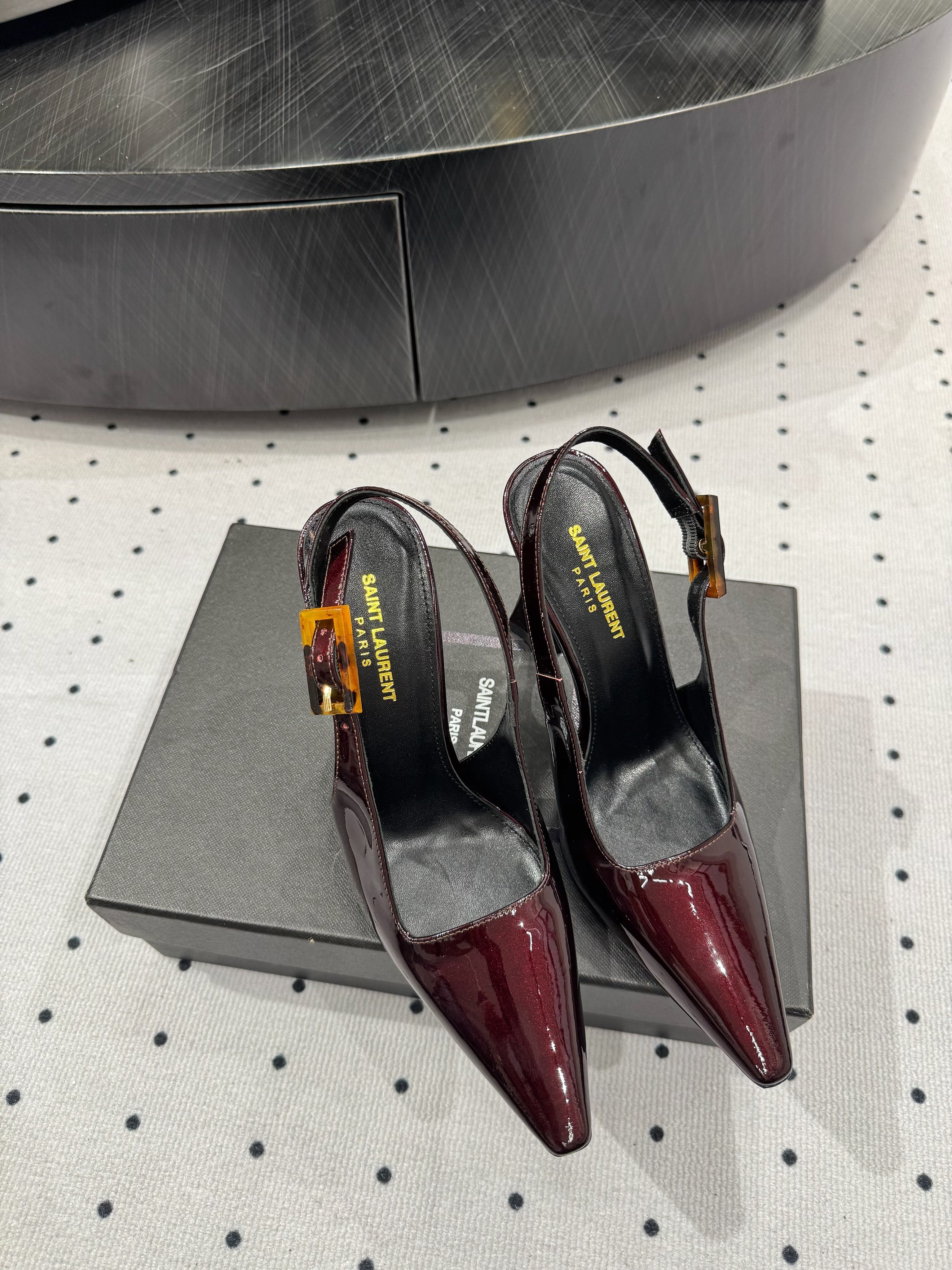 YSL 26S SLINGBACK HEELS 105 MM IN DARK RED GLOSSY CALFSKIN WITH BUCKLE CLOSURE