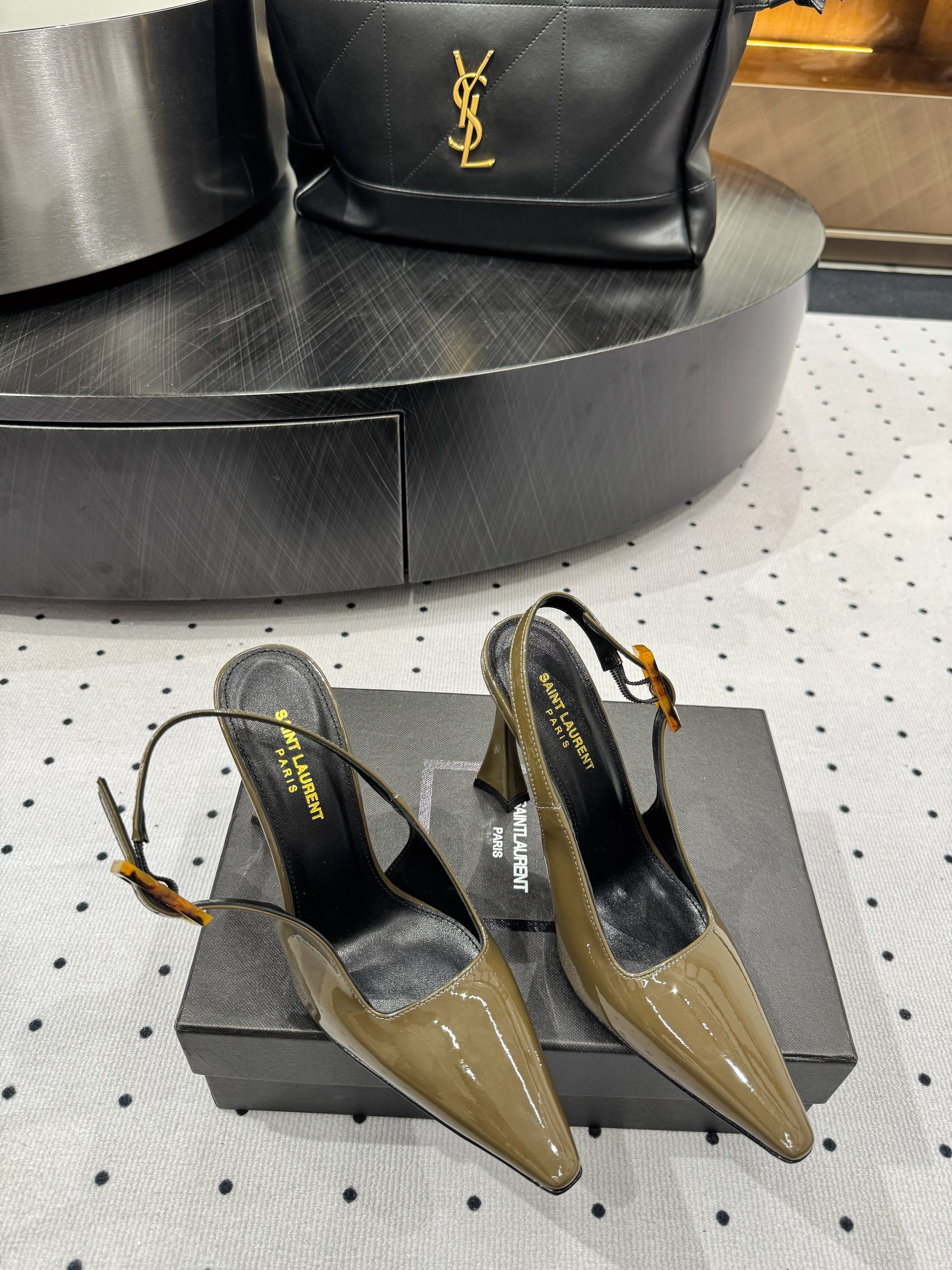 YSL 26S SLINGBACK HEELS 105 MM IN OLIVE GREEN GLOSSY CALFSKIN WITH BUCKLE CLOSURE