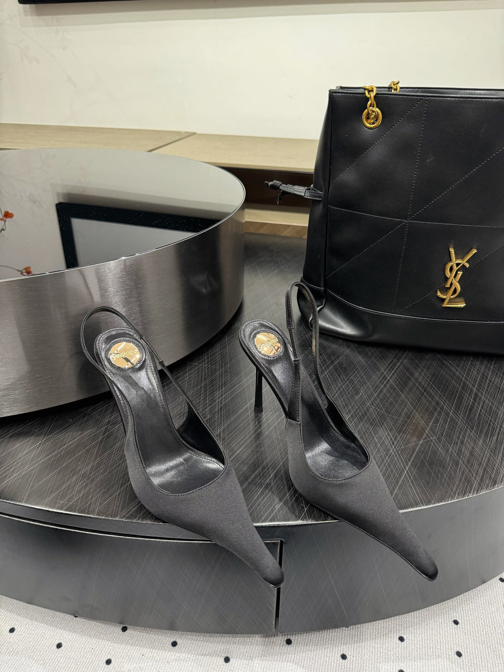 YSL 26S POINTED-TOE SLINGBACK HEELS 105 MM IN BLACK SATIN