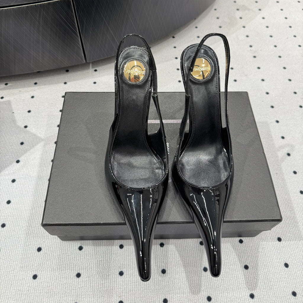 YSL 26S POINTED-TOE SLINGBACK HEELS 105 MM IN BLACK PATENT CALFSKIN STYLE 1