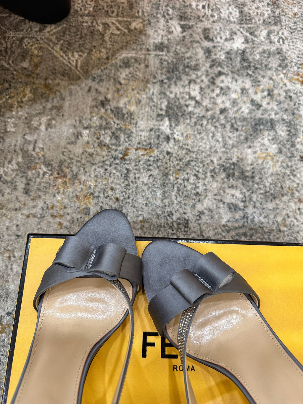 FENDI 26S HIGH-HEELED SANDALS 75 MM IN GREY SATIN