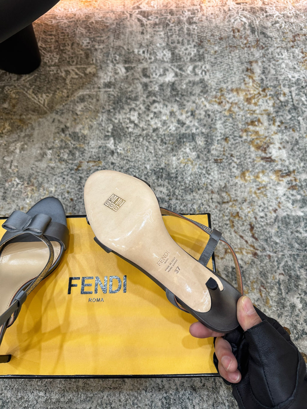FENDI 26S HIGH-HEELED SANDALS 75 MM IN GREY SATIN