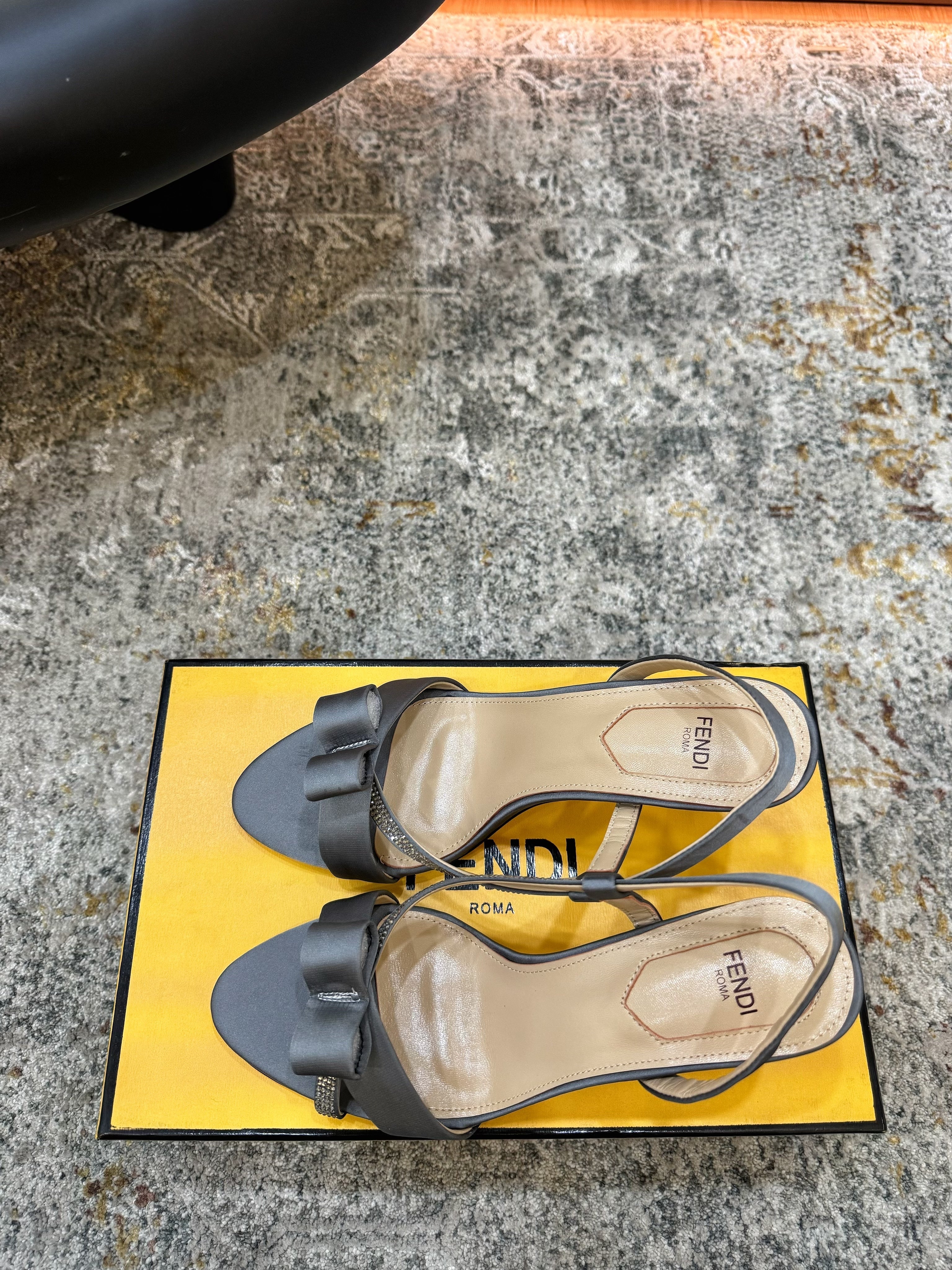 FENDI 26S HIGH-HEELED SANDALS 75 MM IN GREY SATIN