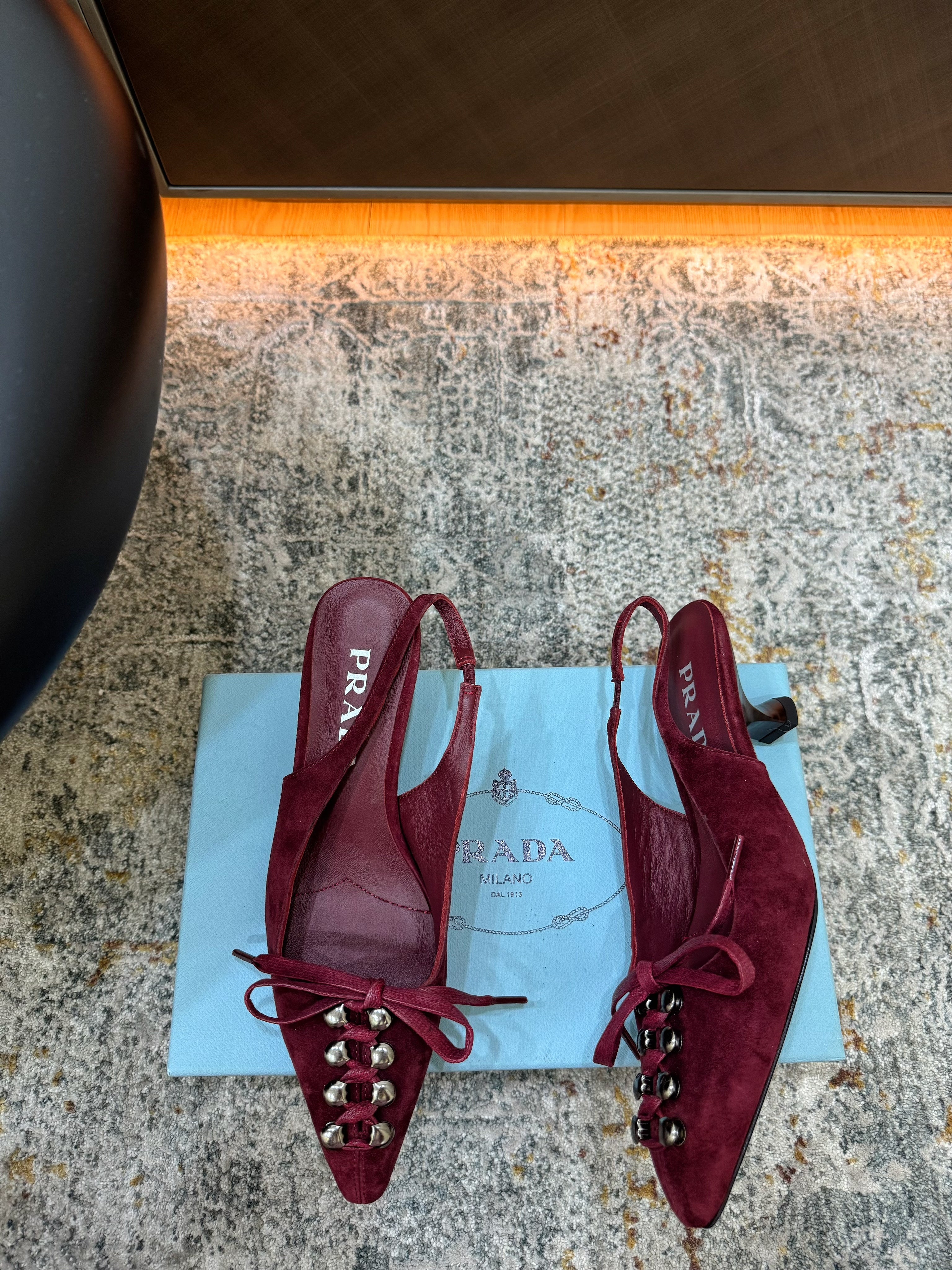 PRADA 26S POINTED TOE LACE UP SLINGBACK PUMPS 55MM IN BURGUNDY RED SUEDE