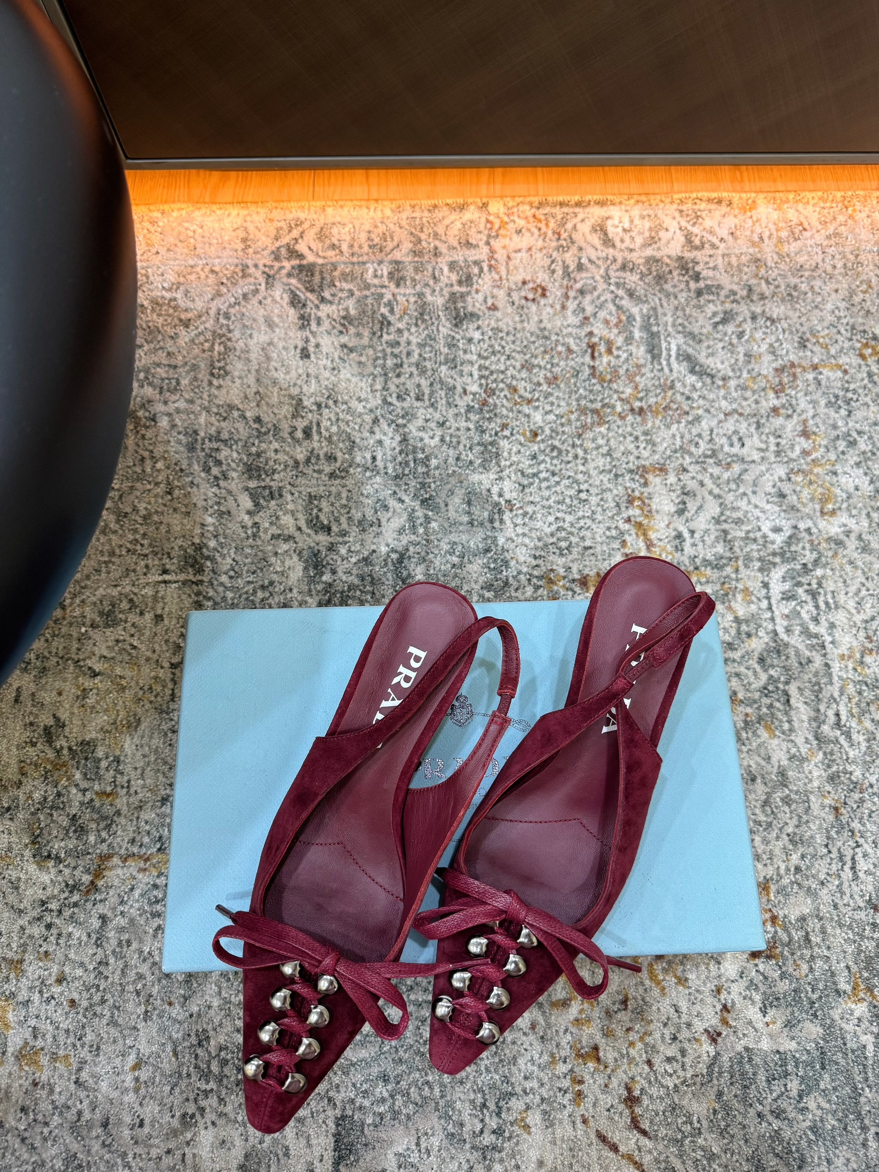 PRADA 26S POINTED TOE LACE UP SLINGBACK PUMPS 55MM IN BURGUNDY RED SUEDE