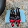 PRADA 26S LACE UP SLINGBACK PUMPS 55MM IN BLACK CALFSKIN WITH RED LACES