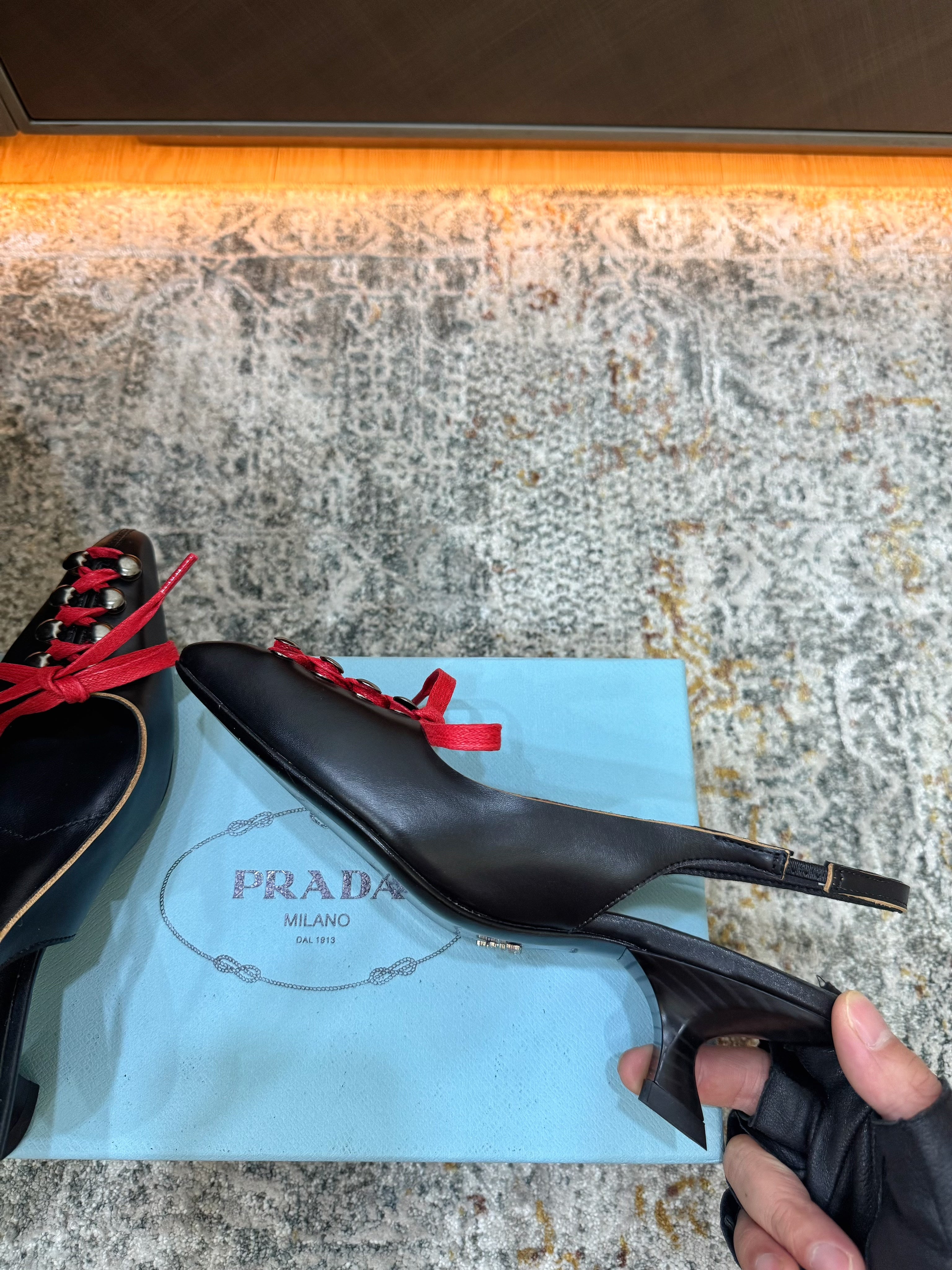 PRADA 26S LACE UP SLINGBACK PUMPS 55MM IN BLACK CALFSKIN WITH RED LACES