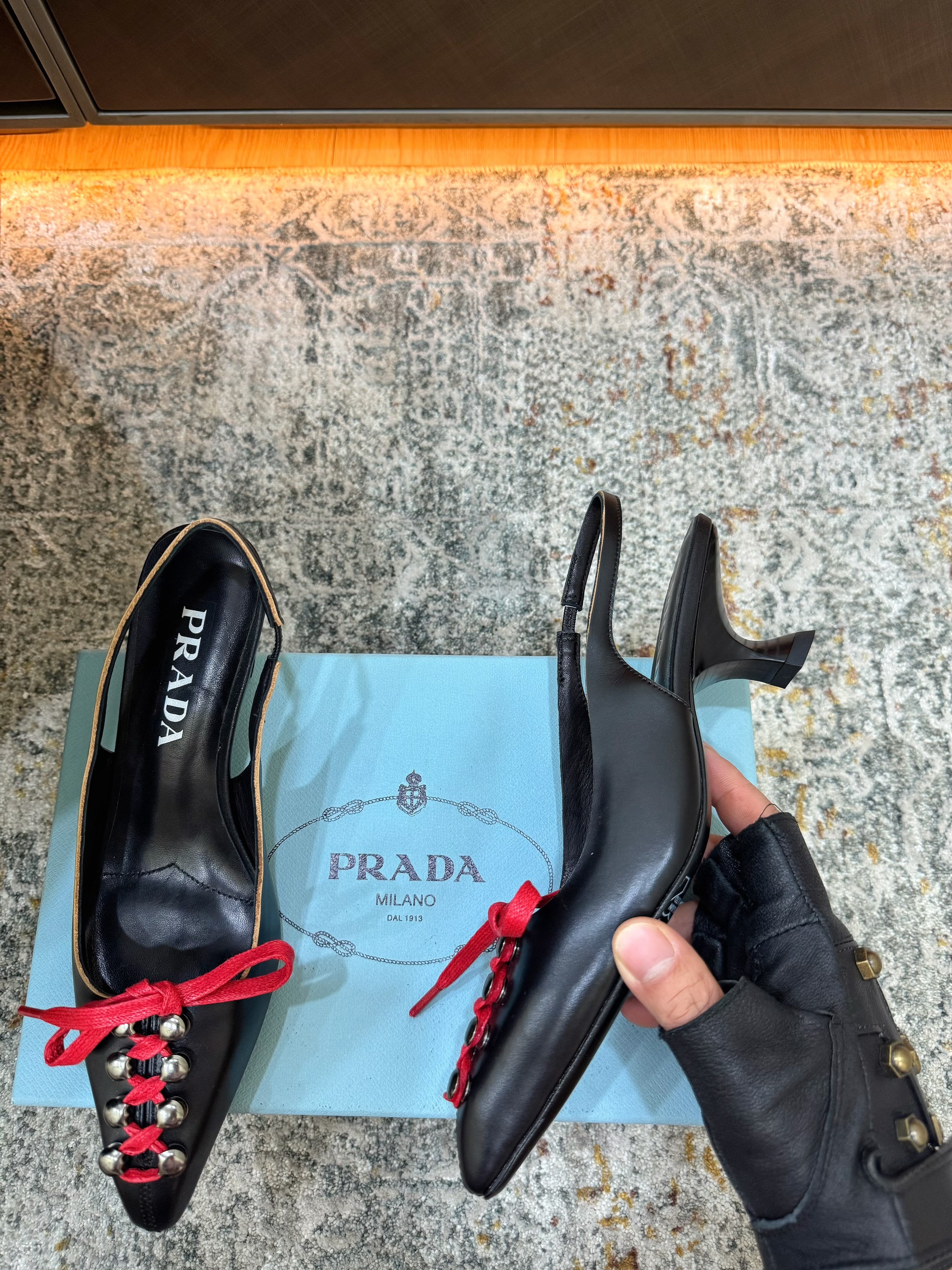 PRADA 26S LACE UP SLINGBACK PUMPS 55MM IN BLACK CALFSKIN WITH RED LACES