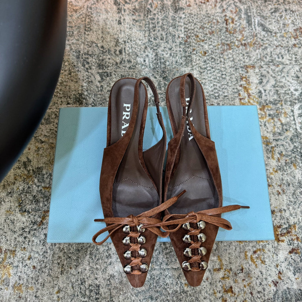 PRADA 26S POINTED TOE LACE UP SLINGBACK PUMPS 55MM IN DARK BROWN SUEDE